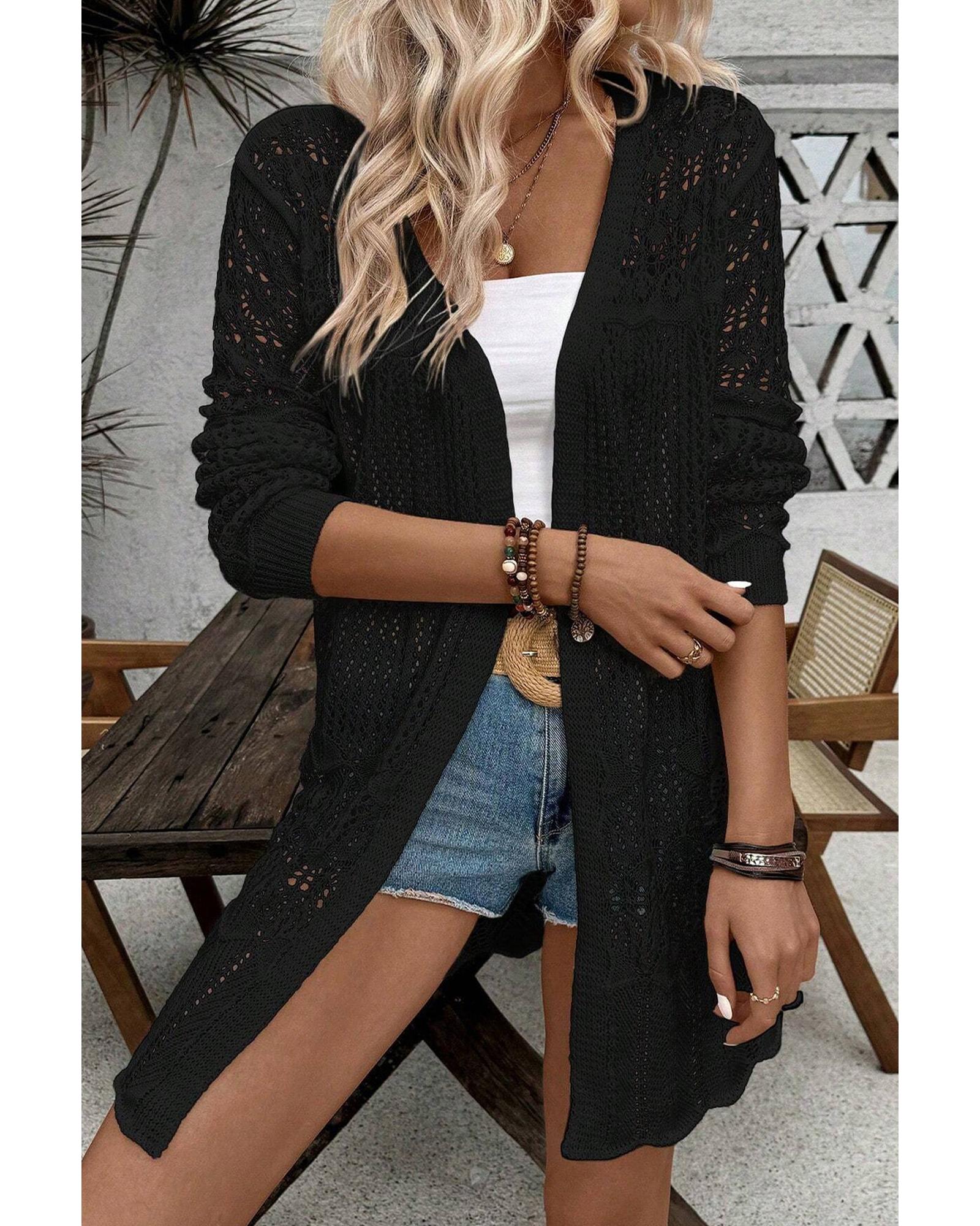 V539-AZEXDC2711893-P2-XL-202508291245-05 Black Crochet Hollow Out Open Front Cardigan - XL - Image 6