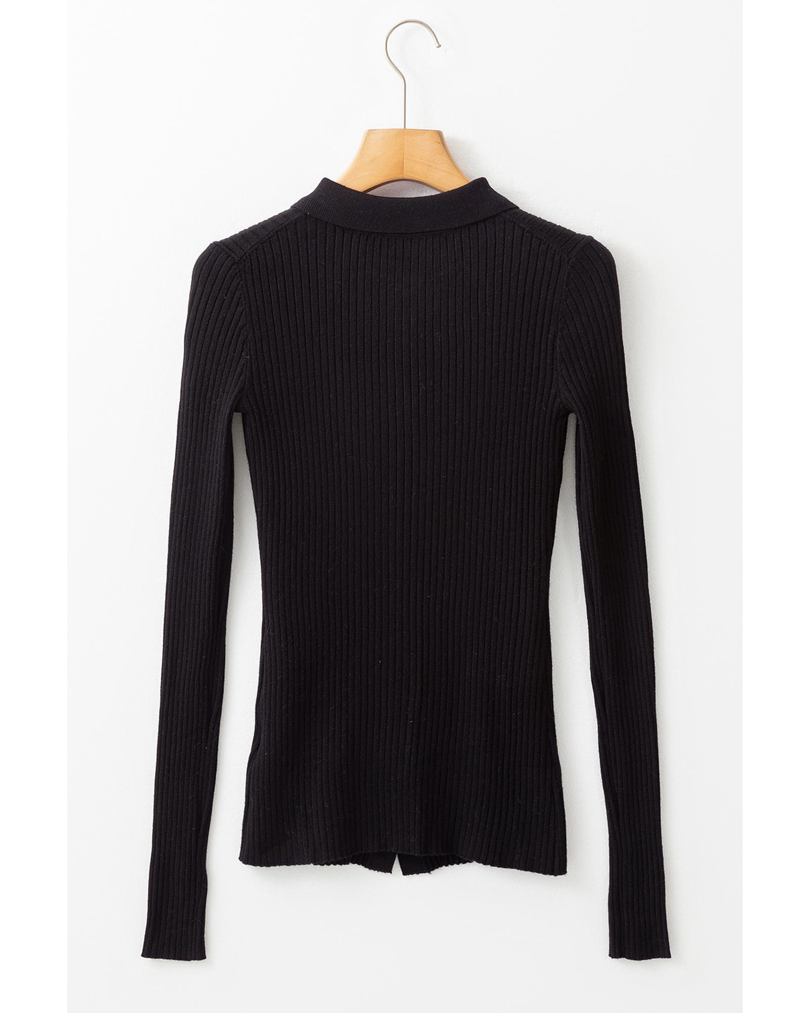 V539-AZEXDC2711903-P2-L-202508300215-07 Black Ribbed Knit Collared Slim Fit Sweater Cardigan - L - Image 8