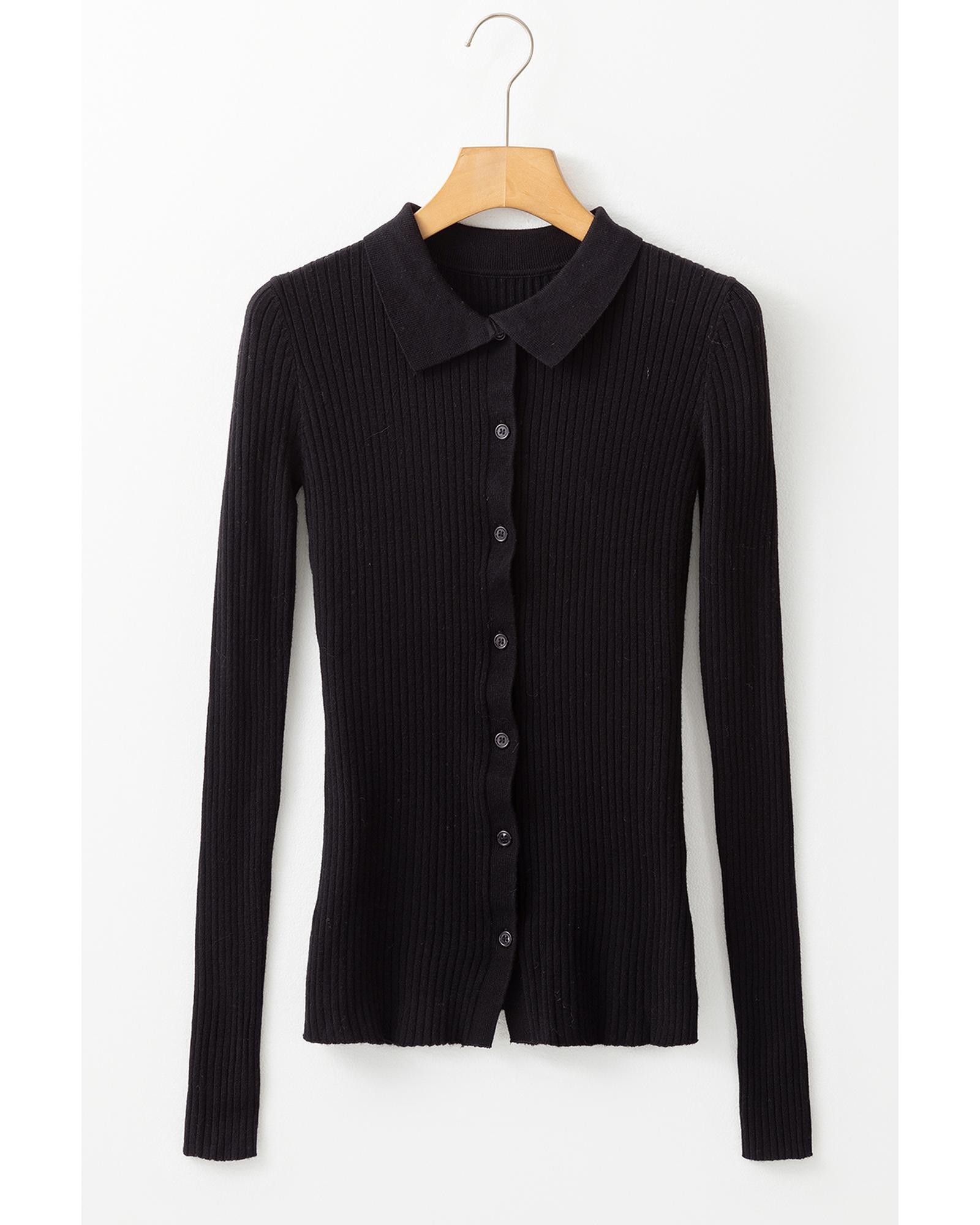 V539-AZEXDC2711903-P2-S-202506131832-01 Black Ribbed Knit Collared Slim Fit Sweater Cardigan - S - Image 2