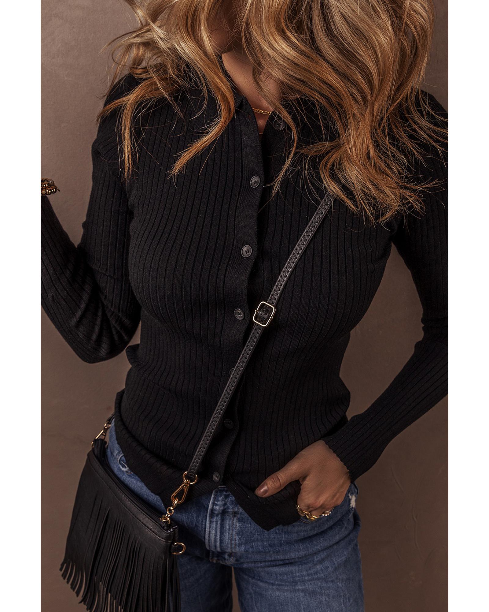 V539-AZEXDC2711903-P2-XL-202508300655-04 Black Ribbed Knit Collared Slim Fit Sweater Cardigan - XL - Image 5