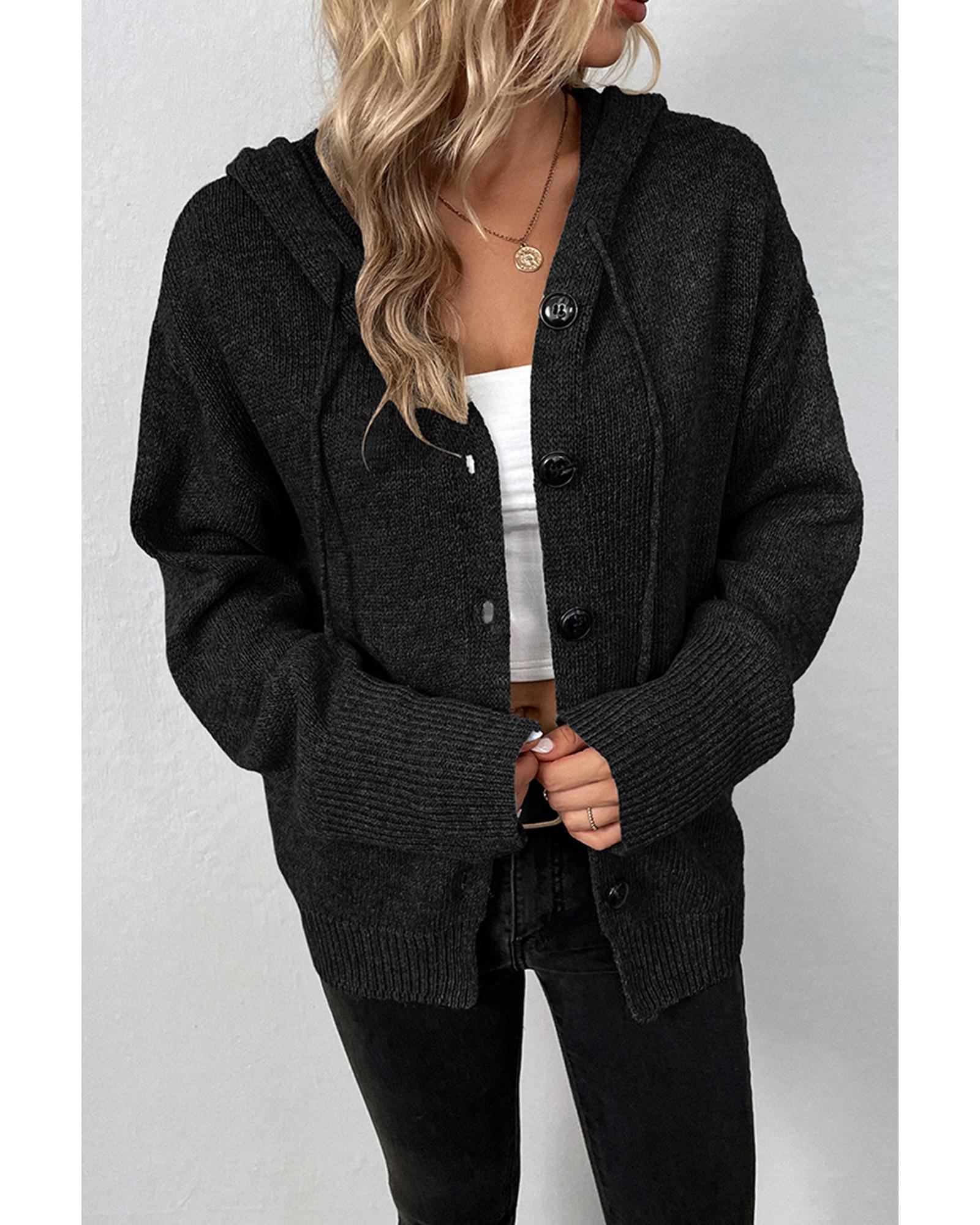 V539-AZEXDC2712109-P2-S-202506131922-01 Black Drawstring Hooded Button Up Drop Shoulder Sweater Cardigan - S - Image 2