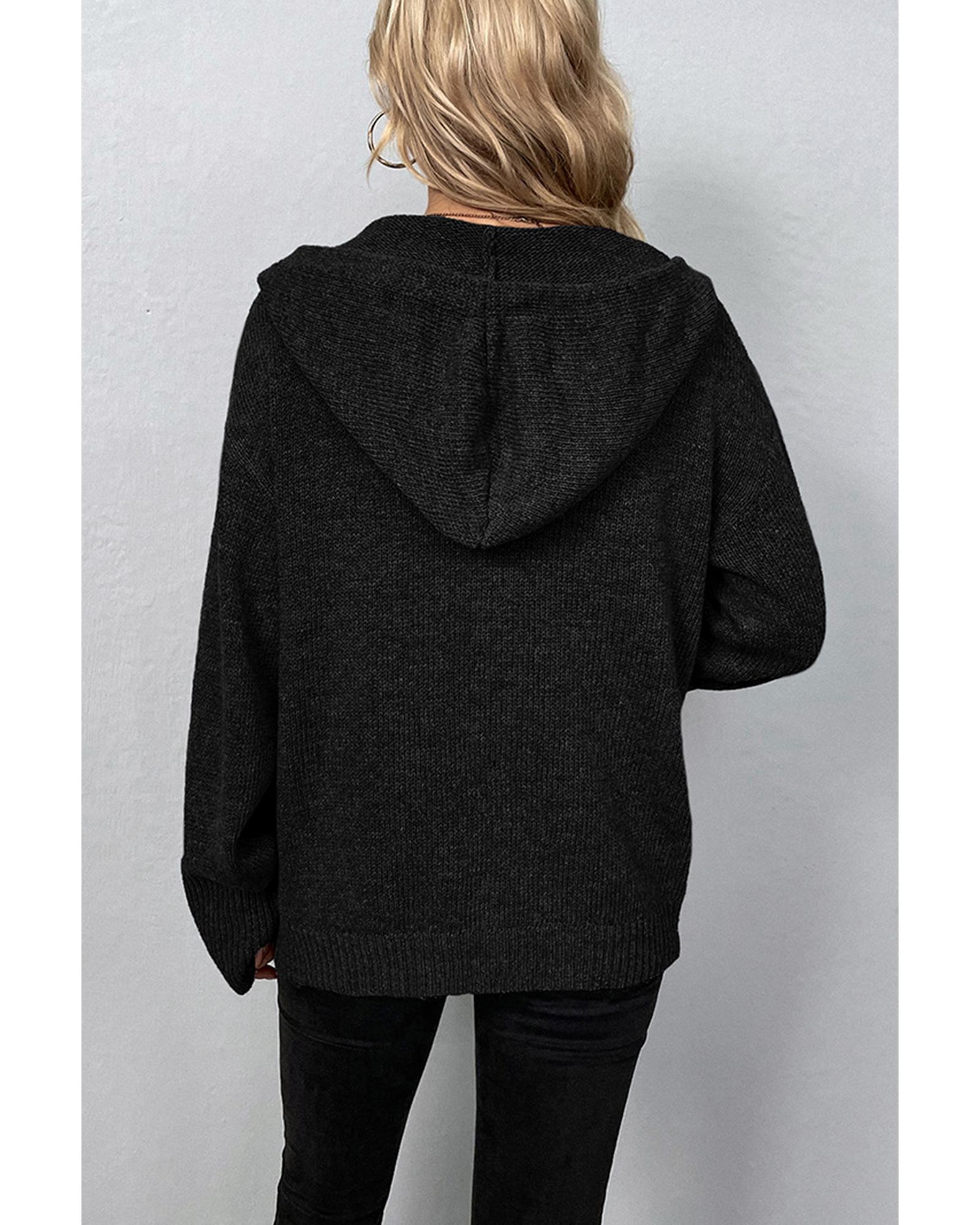 V539-AZEXDC2712109-P2-S-202506131922-02 Black Drawstring Hooded Button Up Drop Shoulder Sweater Cardigan - S - Image 3