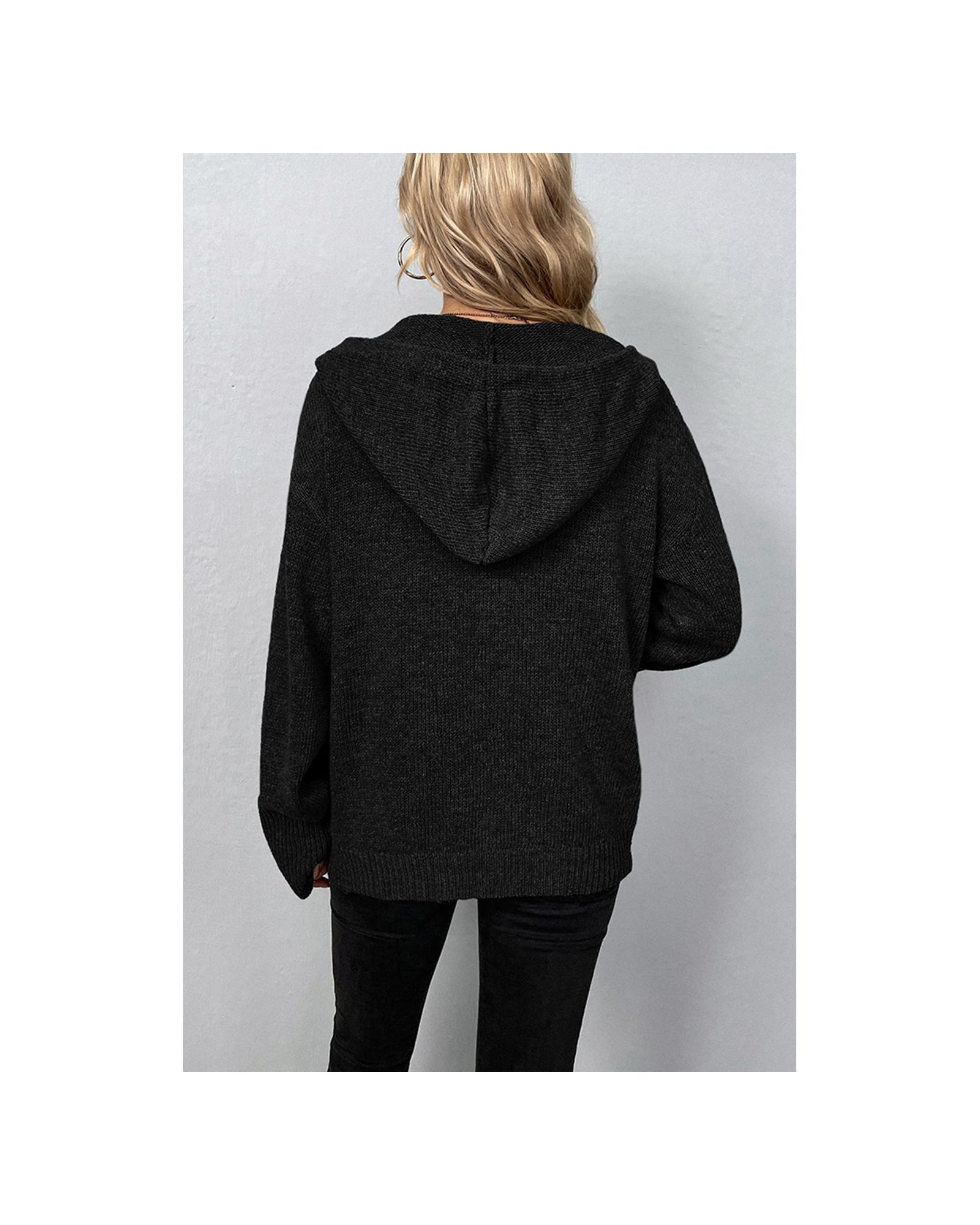 V539-AZEXDC2712109-P2-S-202506131922-04 Black Drawstring Hooded Button Up Drop Shoulder Sweater Cardigan - S - Image 5