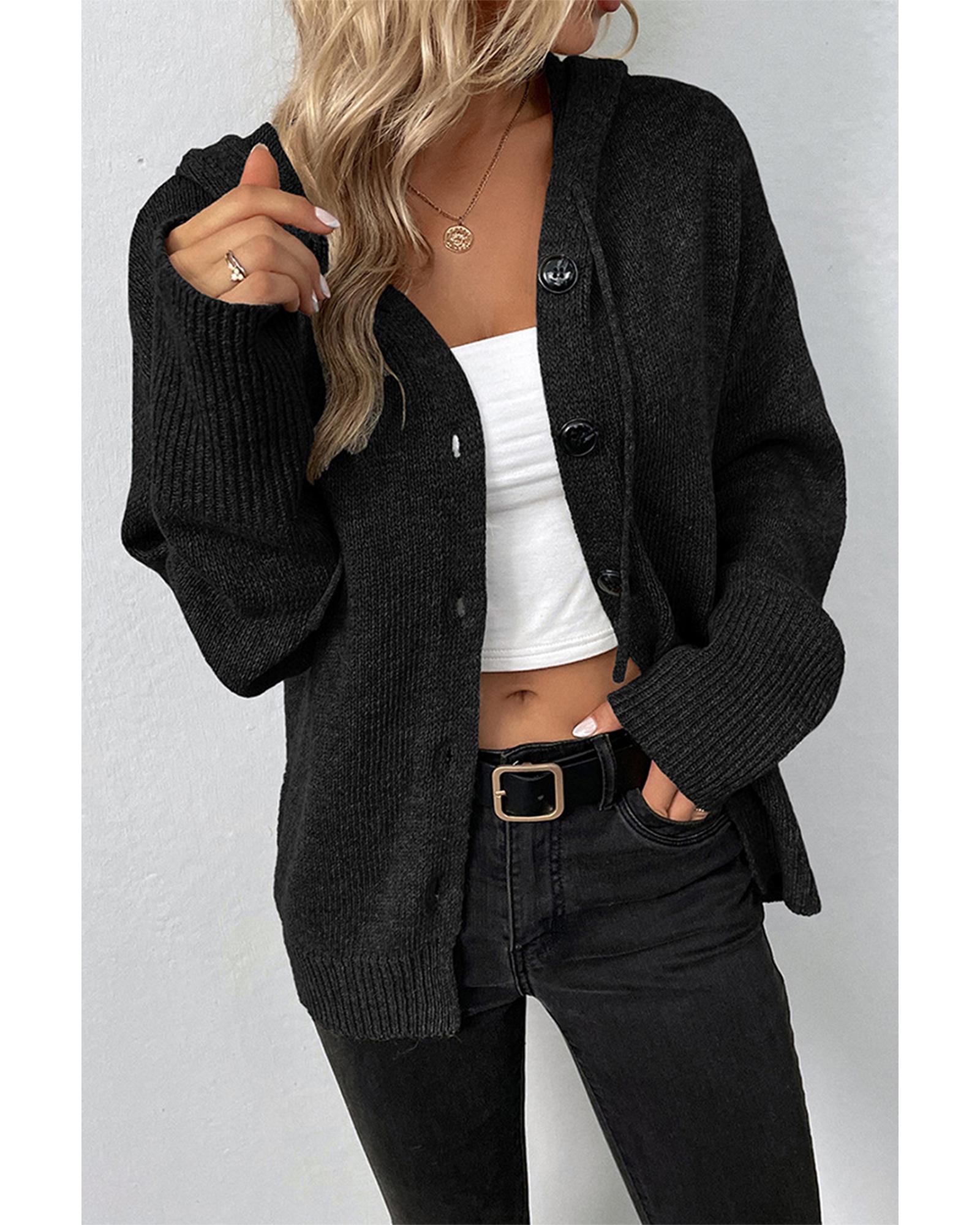 V539-AZEXDC2712109-P2-S-202506131922-05 Black Drawstring Hooded Button Up Drop Shoulder Sweater Cardigan - S - Image 6
