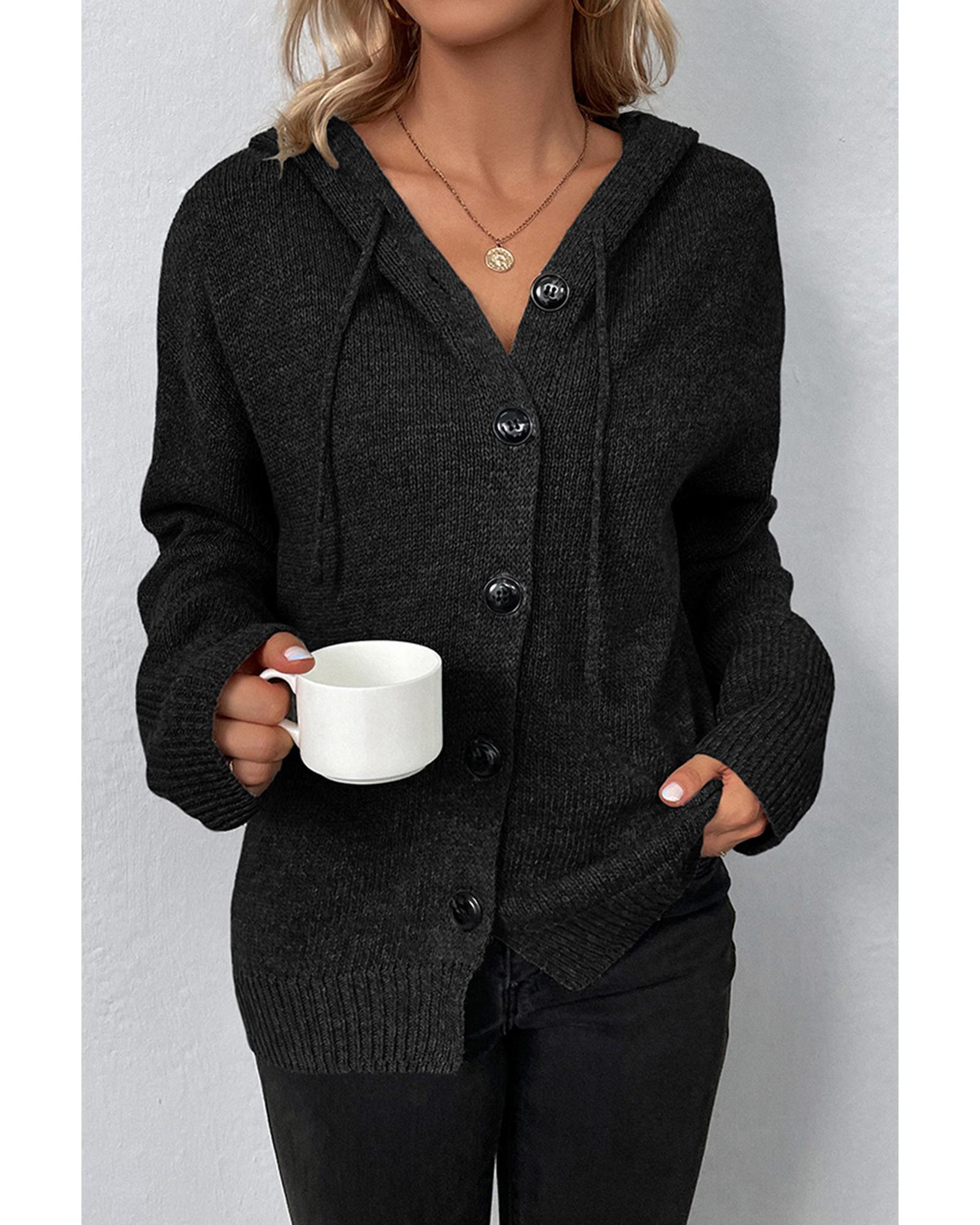 V539-AZEXDC2712109-P2-S-202506131922-06 Black Drawstring Hooded Button Up Drop Shoulder Sweater Cardigan - S - Image 7