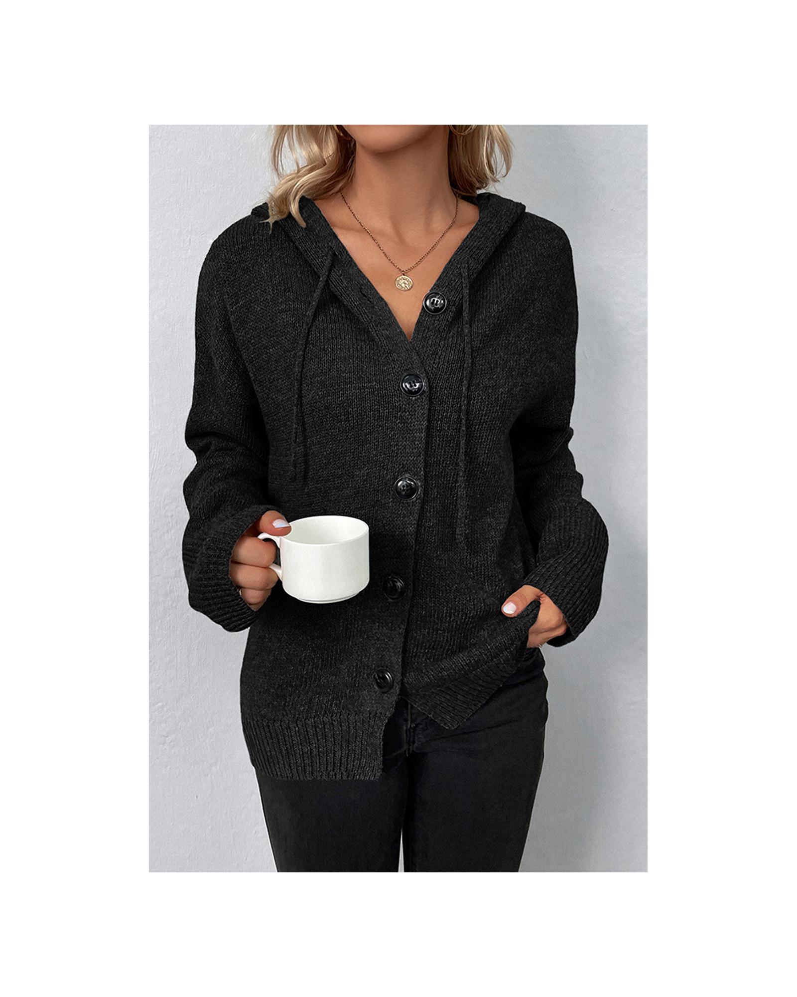 V539-AZEXDC2712109-P2-S-202506131922-07 Black Drawstring Hooded Button Up Drop Shoulder Sweater Cardigan - S - Image 8