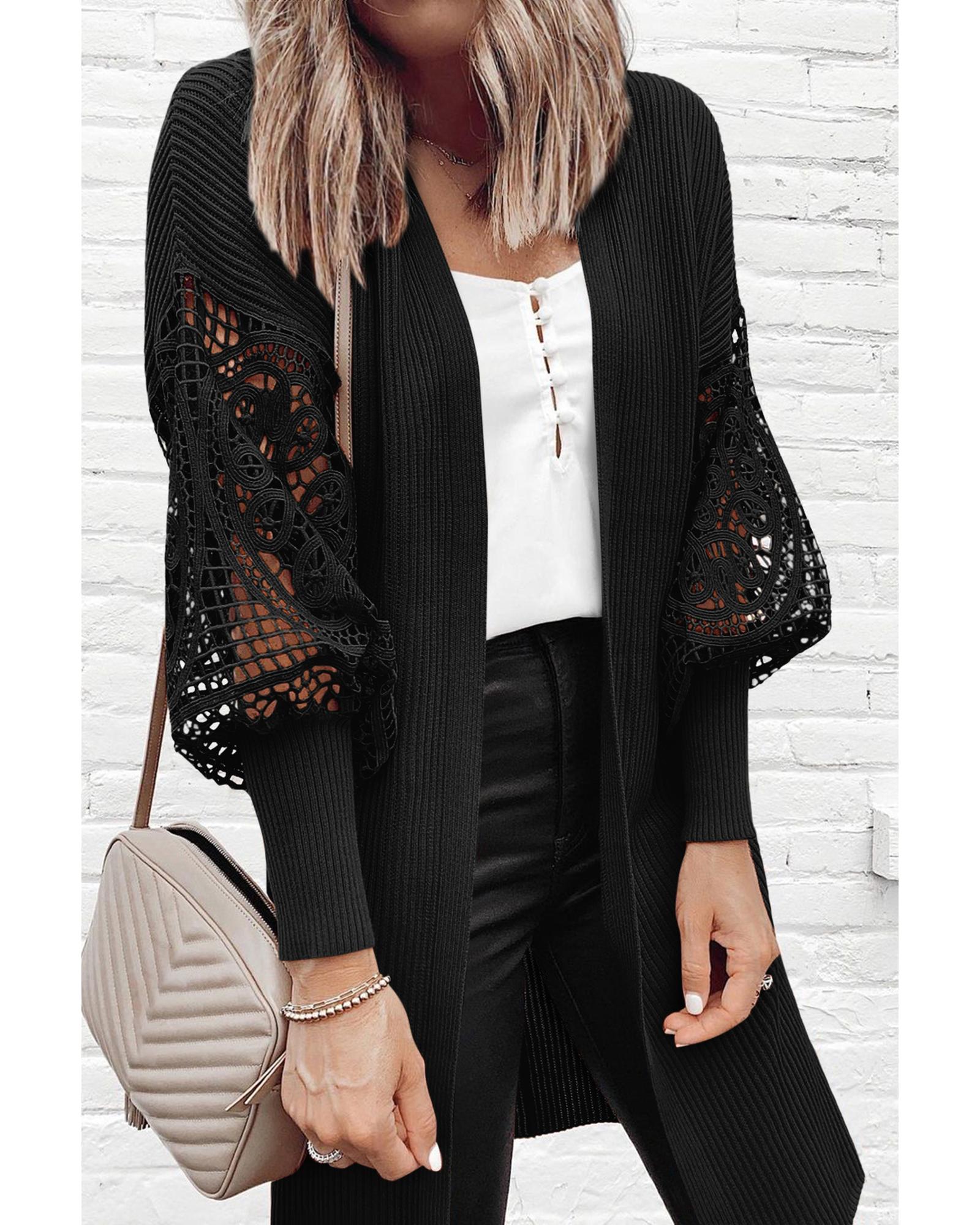 V539-AZEXDC271973-2-M-202506132117-01 Black Crochet Lace Sleeve Ribbed Knit Cardigan - M - Image 2
