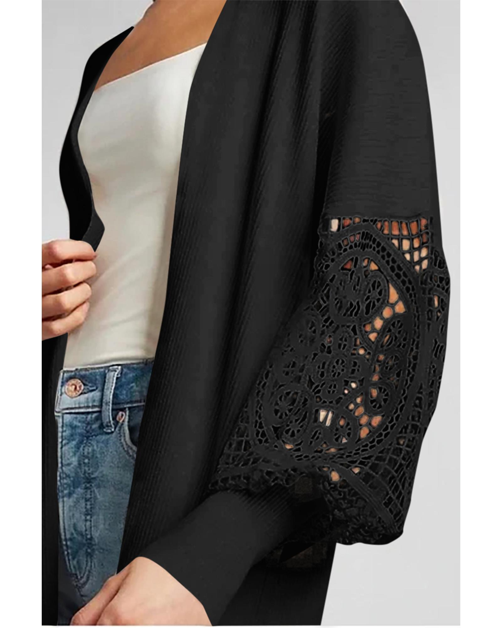 V539-AZEXDC271973-2-M-202506132117-02 Black Crochet Lace Sleeve Ribbed Knit Cardigan - M - Image 3