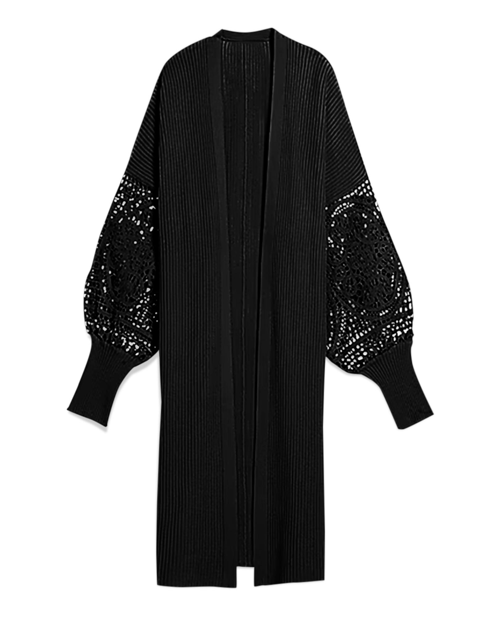 V539-AZEXDC271973-2-M-202506132117-03 Black Crochet Lace Sleeve Ribbed Knit Cardigan - M - Image 4