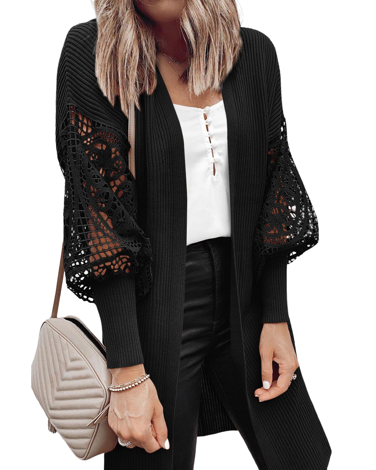 V539-AZEXDC271973-2-M-202506132117-04 Black Crochet Lace Sleeve Ribbed Knit Cardigan - M - Image 5