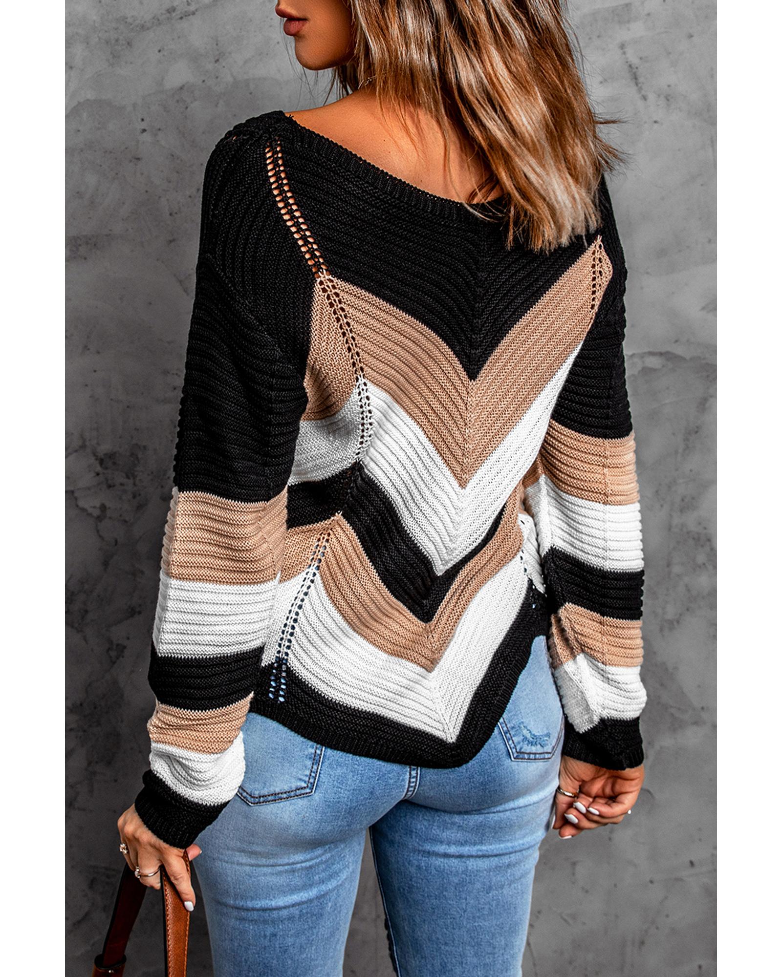V539-AZEXDC2721629-2-S-202506132212-02 Black Chevron Colorblock Knit Sweater - S - Image 3
