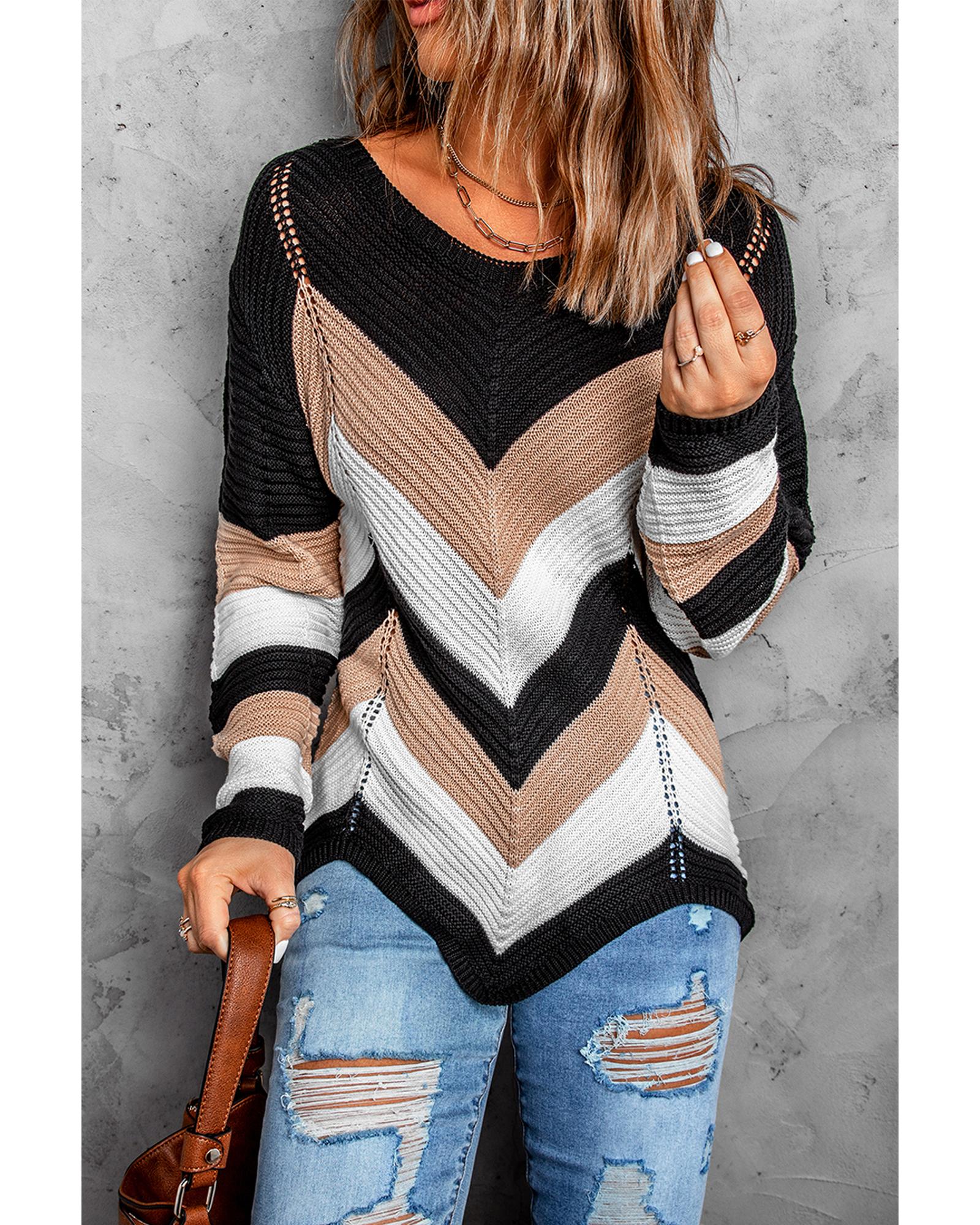 V539-AZEXDC2721629-2-S-202506132212-03 Black Chevron Colorblock Knit Sweater - S - Image 4