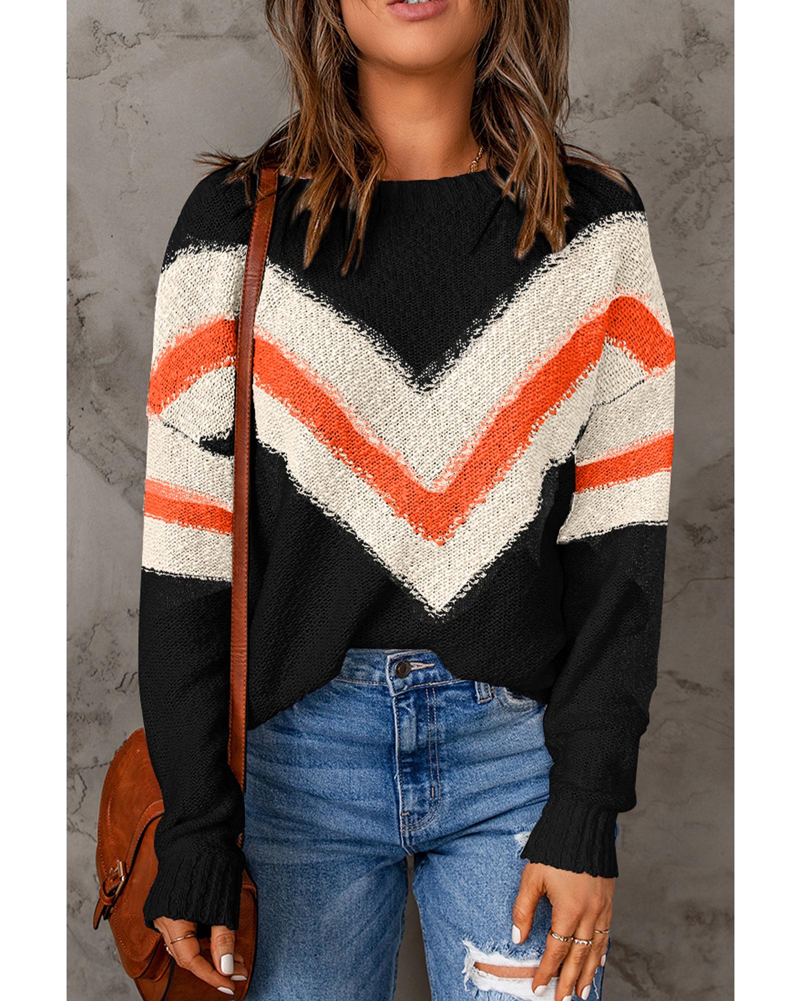V539-AZEXDC2722180-P2-M-202508280150-01 Black Chevron Striped Drop Shoulder Sweater - M - Image 2