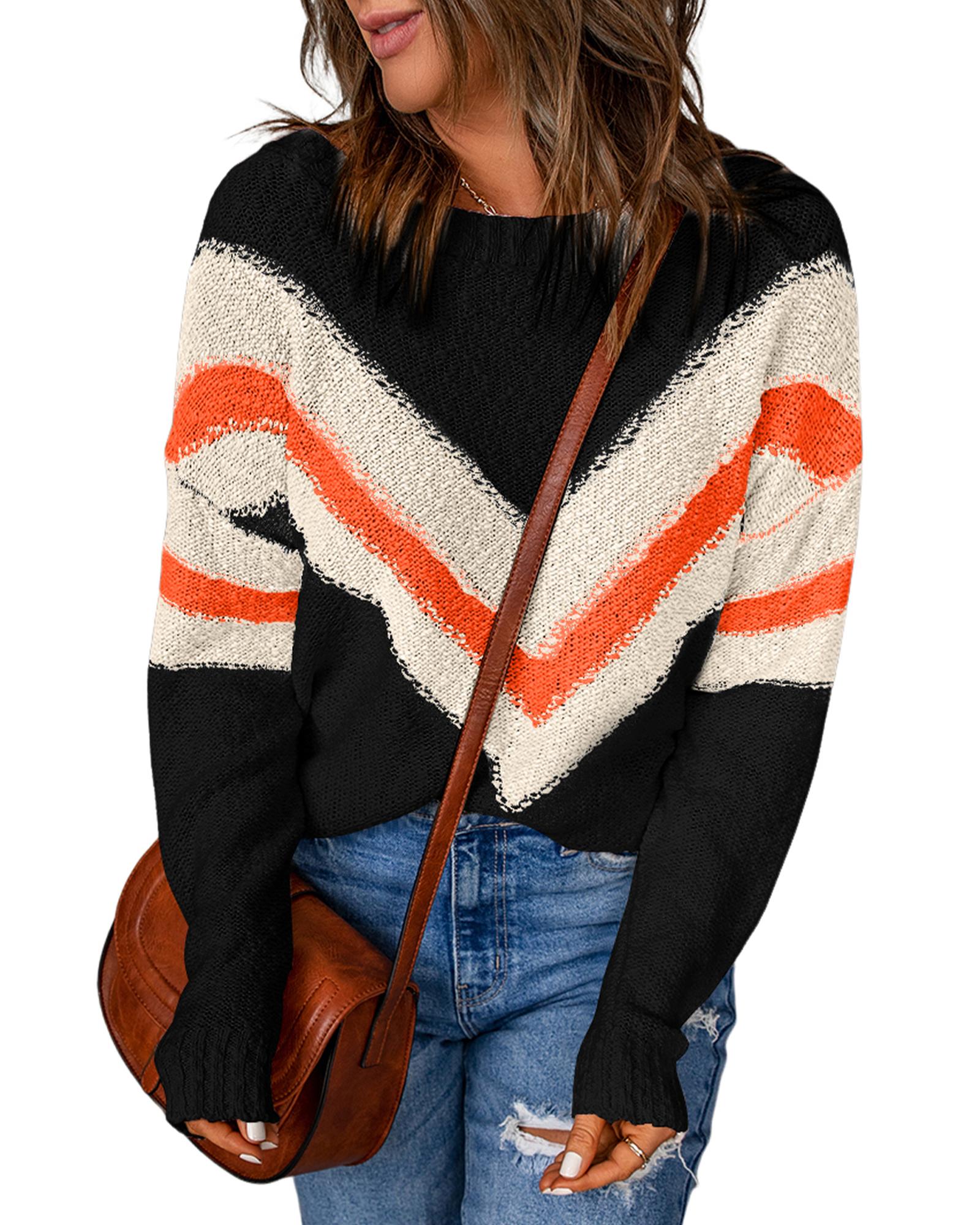 V539-AZEXDC2722180-P2-M-202508280150-02 Black Chevron Striped Drop Shoulder Sweater - M - Image 3