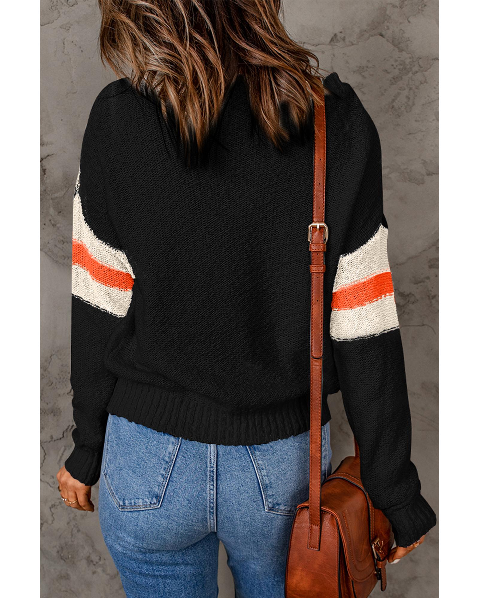 V539-AZEXDC2722180-P2-M-202508280150-03 Black Chevron Striped Drop Shoulder Sweater - M - Image 4