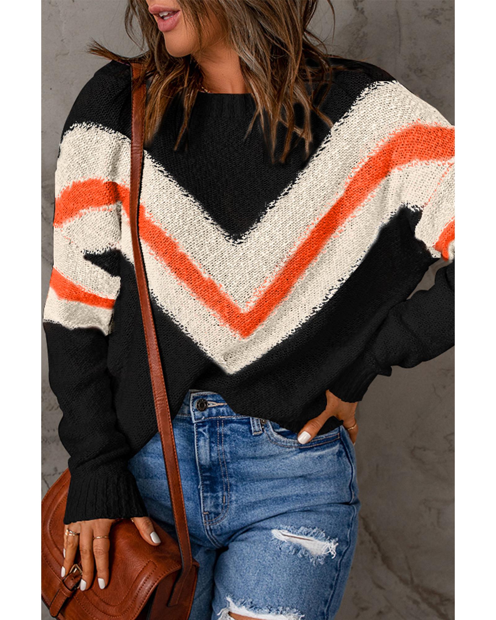 V539-AZEXDC2722180-P2-M-202508280150-04 Black Chevron Striped Drop Shoulder Sweater - M - Image 5