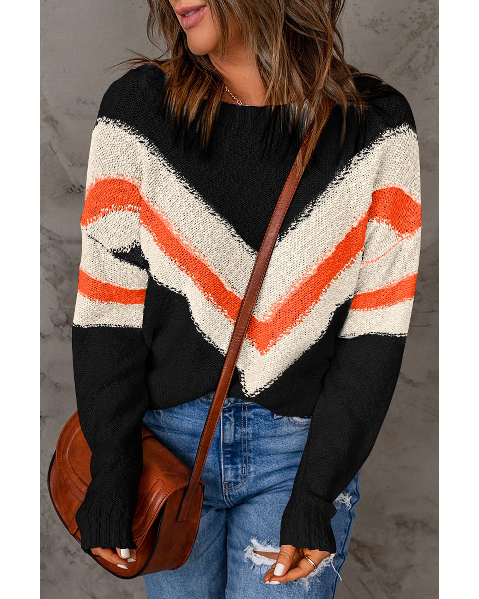V539-AZEXDC2722180-P2-S-202506131806-04 Black Chevron Striped Drop Shoulder Sweater - S - Image 5