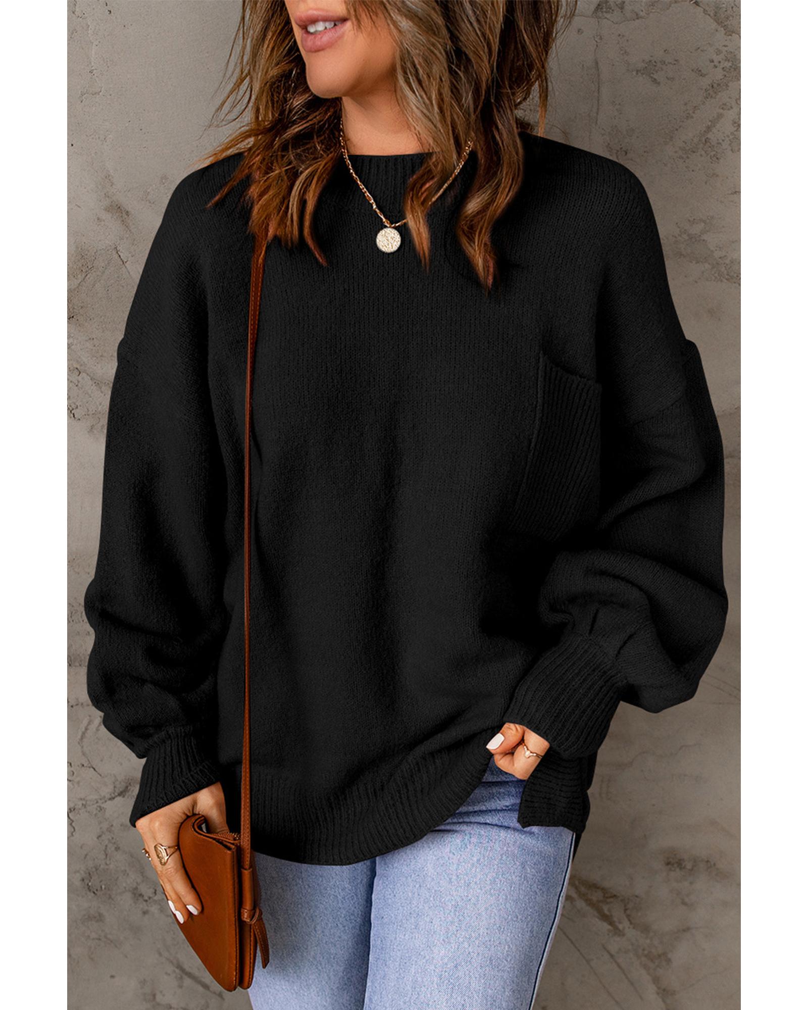 V539-AZEXDC2722197-P2-M-202508282315-02 Black Solid Color Puffy Sleeve Pocketed Sweater - M - Image 3