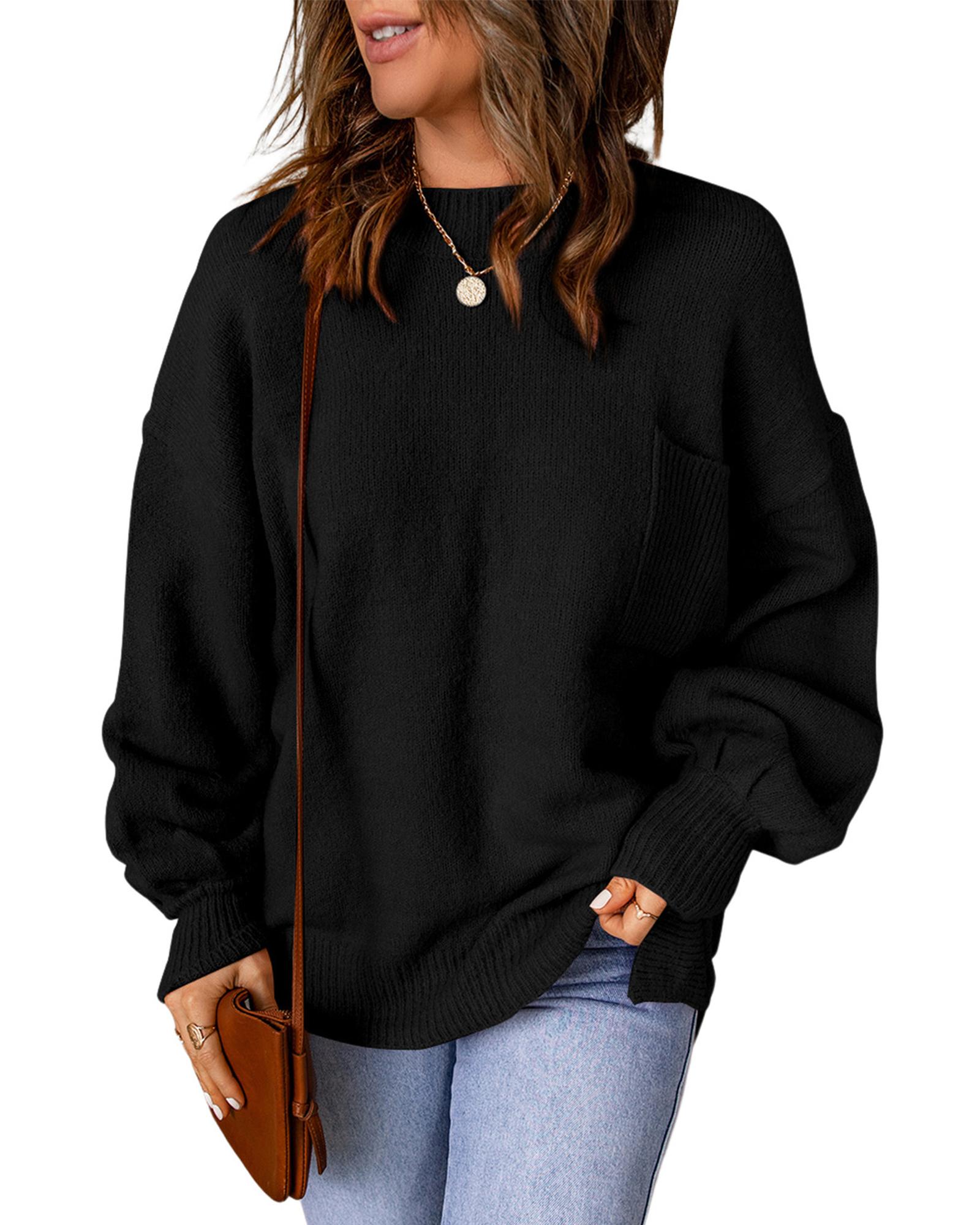 V539-AZEXDC2722197-P2-S-202508282330-01 Black Solid Color Puffy Sleeve Pocketed Sweater - S - Image 2