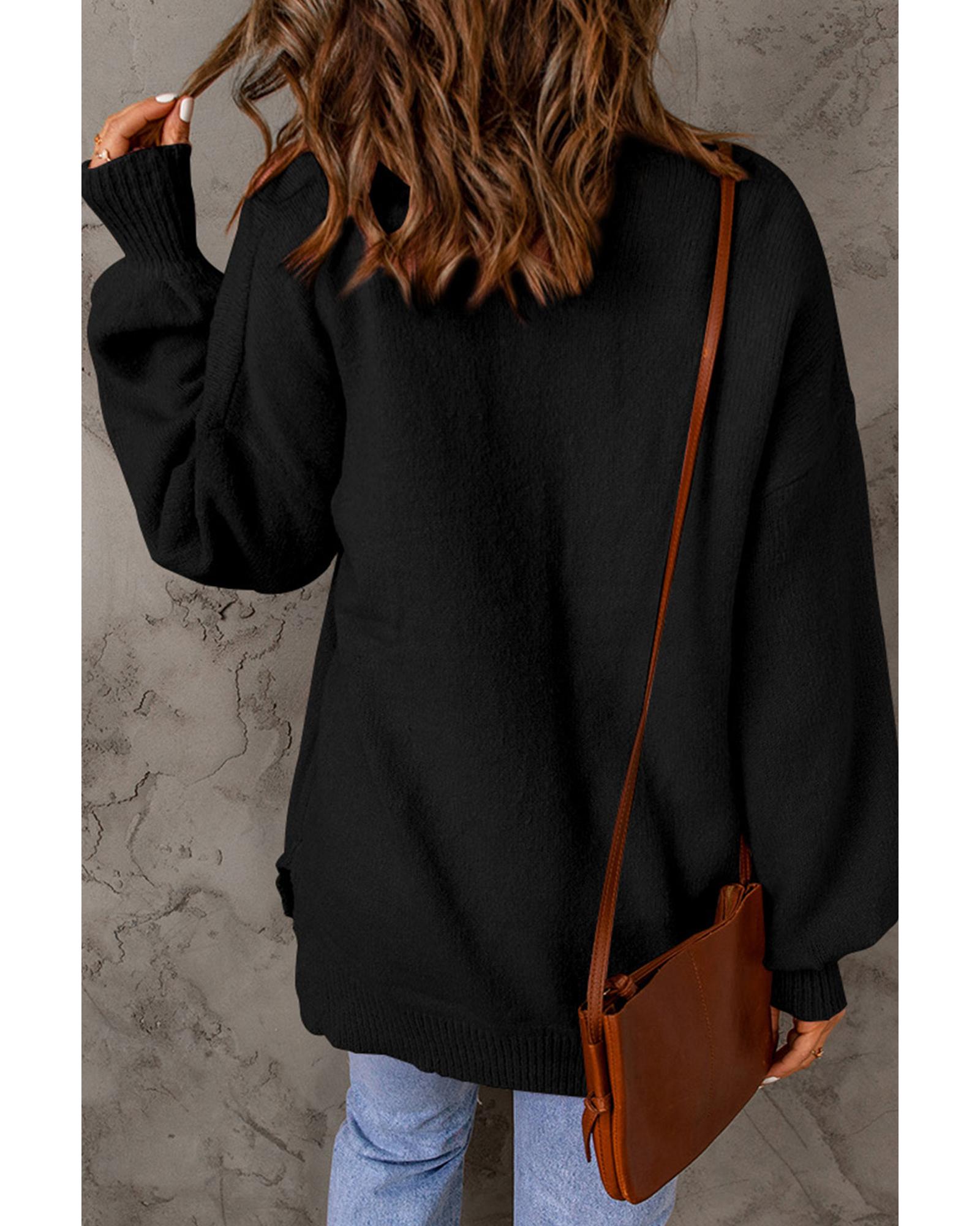 V539-AZEXDC2722197-P2-S-202508282330-03 Black Solid Color Puffy Sleeve Pocketed Sweater - S - Image 4