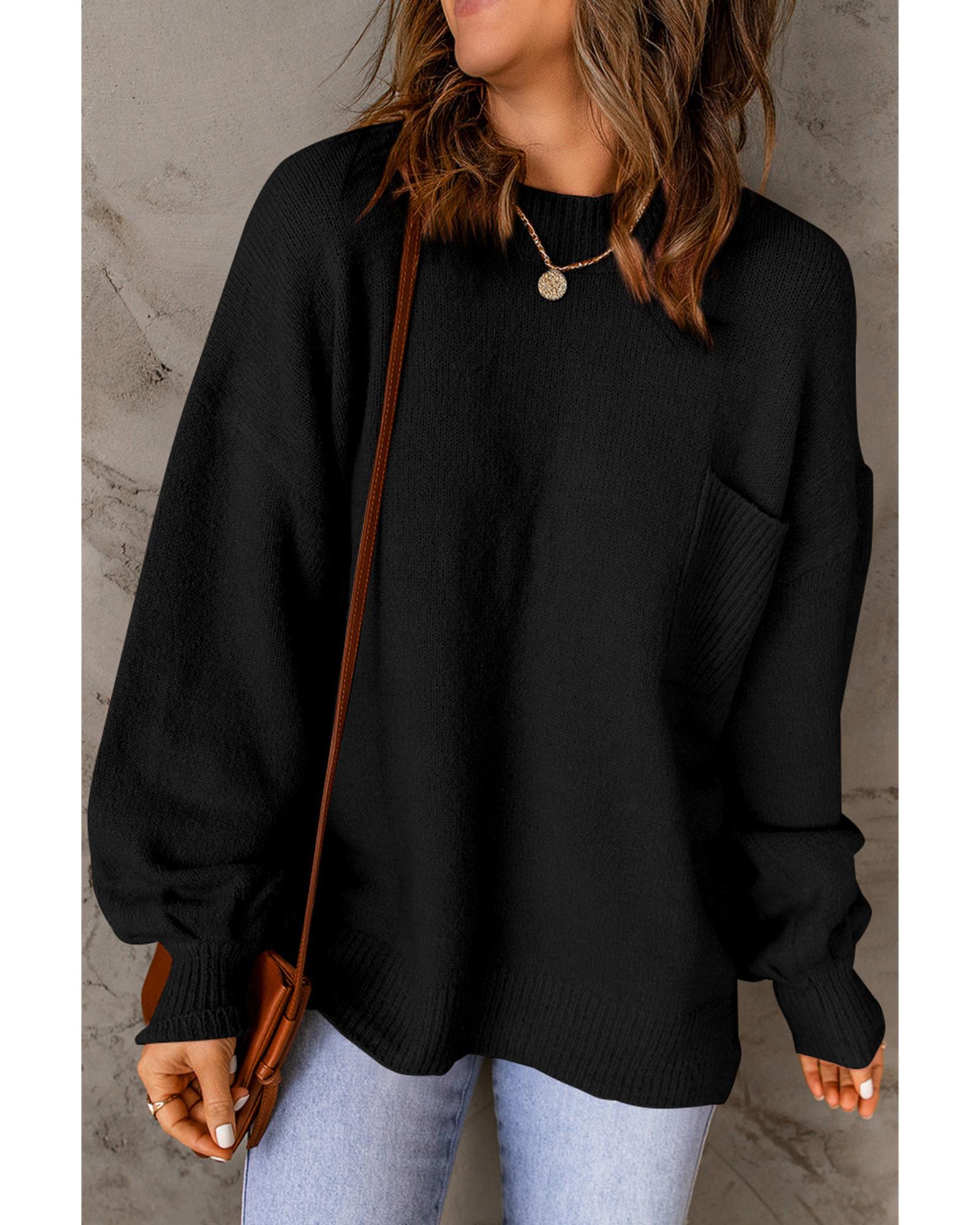 V539-AZEXDC2722197-P2-XL-202508290140-03 Black Solid Color Puffy Sleeve Pocketed Sweater - XL - Image 4