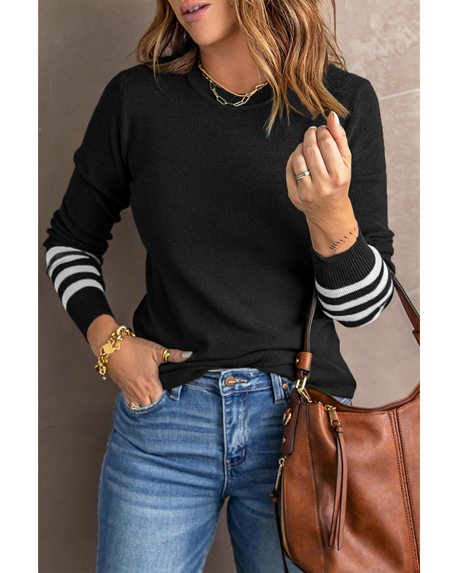 V539-AZEXDC2722274-2-M-202508291920-01 Black Striped Sleeve Plain Knit Sweater - M - Image 2