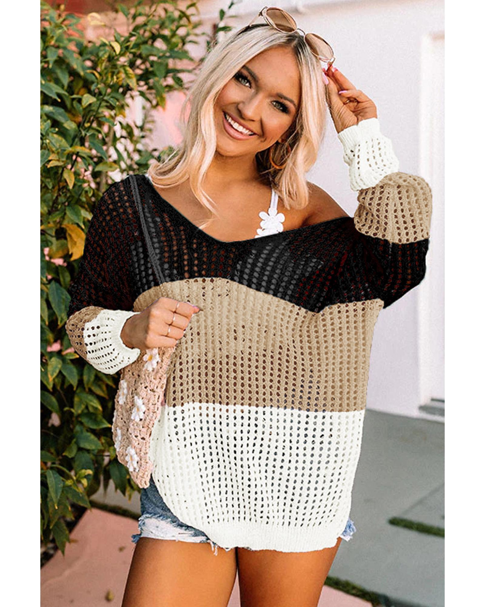 V539-AZEXDC2722903-2-L-202508281945-04 Black Color Block Eyelet Long Sleeve Twisted Back Knit Top - L - Image 5