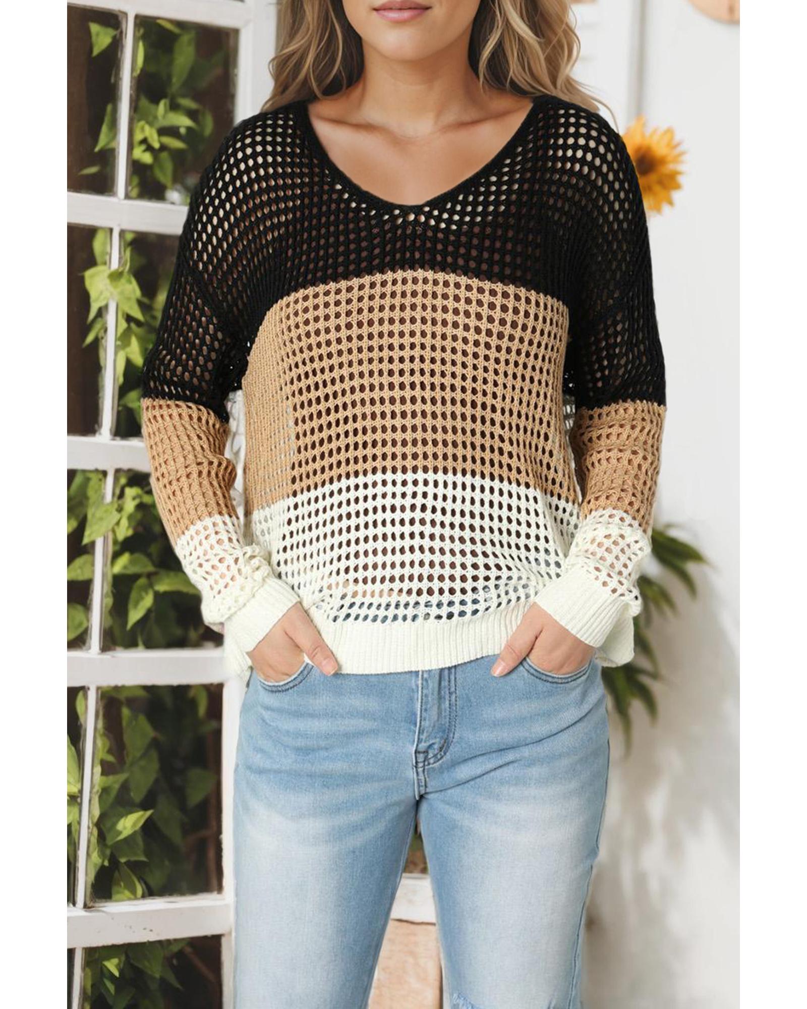 V539-AZEXDC2722903-2-L-202508281945-07 Black Color Block Eyelet Long Sleeve Twisted Back Knit Top - L - Image 8