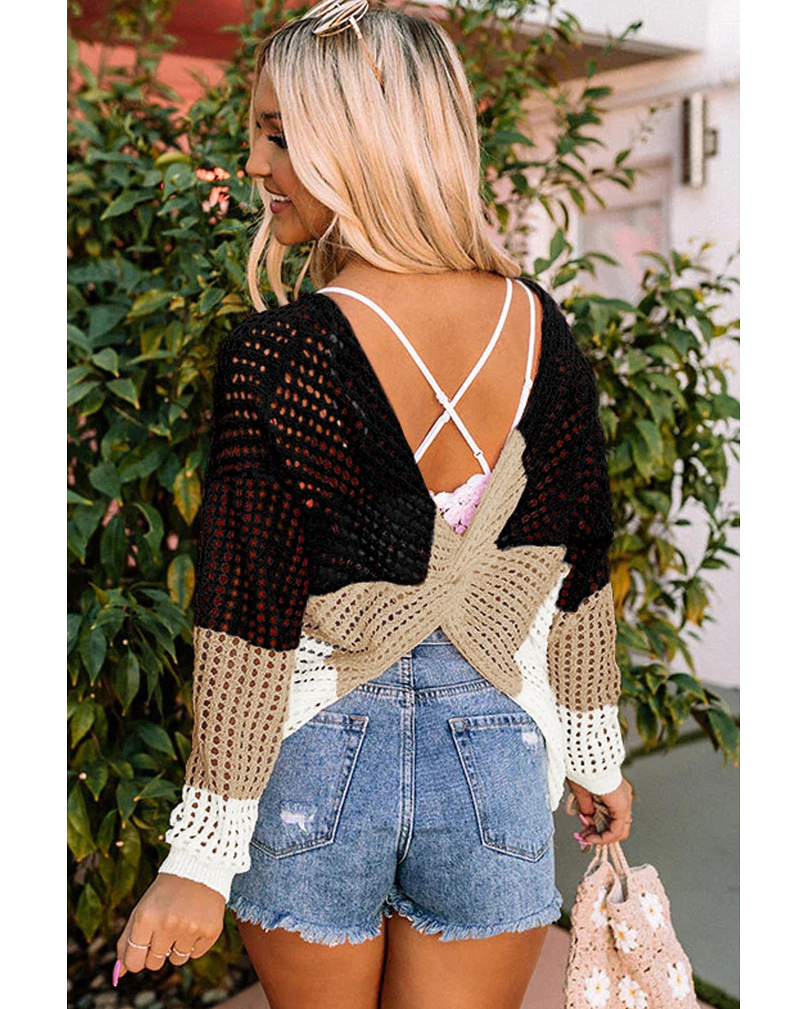 V539-AZEXDC2722903-2-M-202506132008-05 Black Color Block Eyelet Long Sleeve Twisted Back Knit Top - M - Image 6