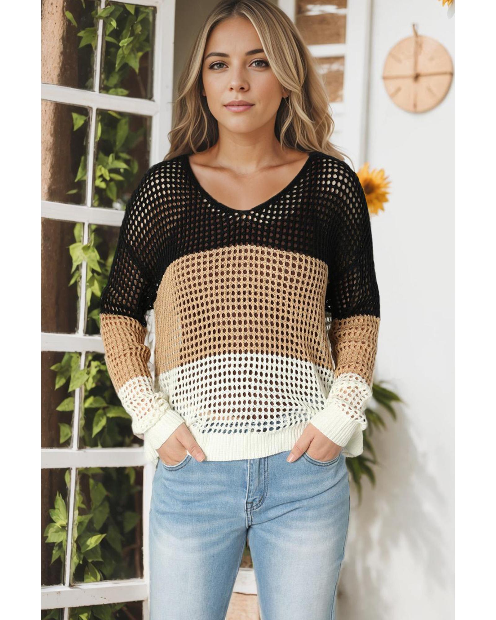 V539-AZEXDC2722903-2-M-202506132008-06 Black Color Block Eyelet Long Sleeve Twisted Back Knit Top - M - Image 7