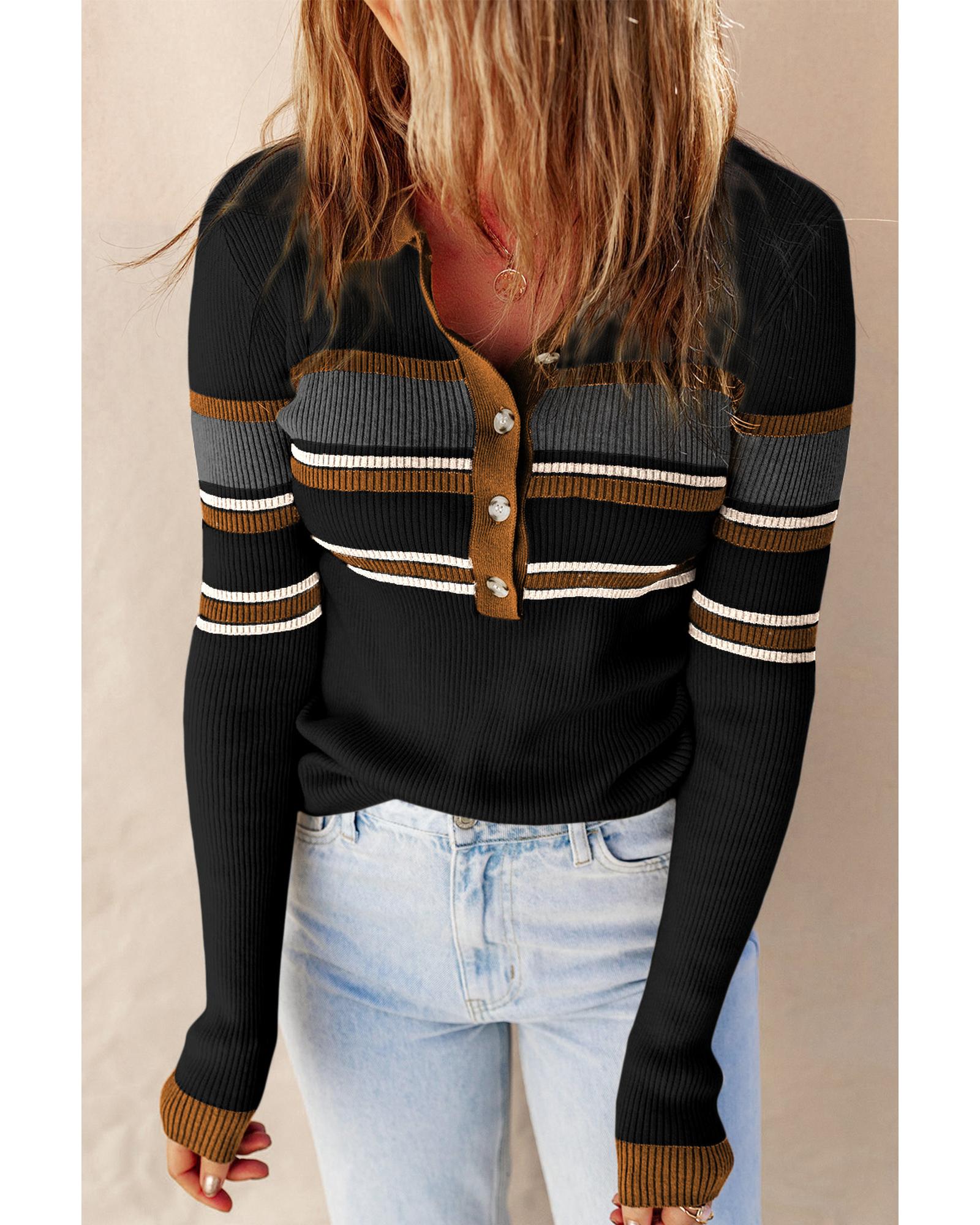 V539-AZEXDC2722953-2-2XL-202508281200-01 Black Rib Knitted Stripe Detail Henley Sweater - 2XL - Image 2