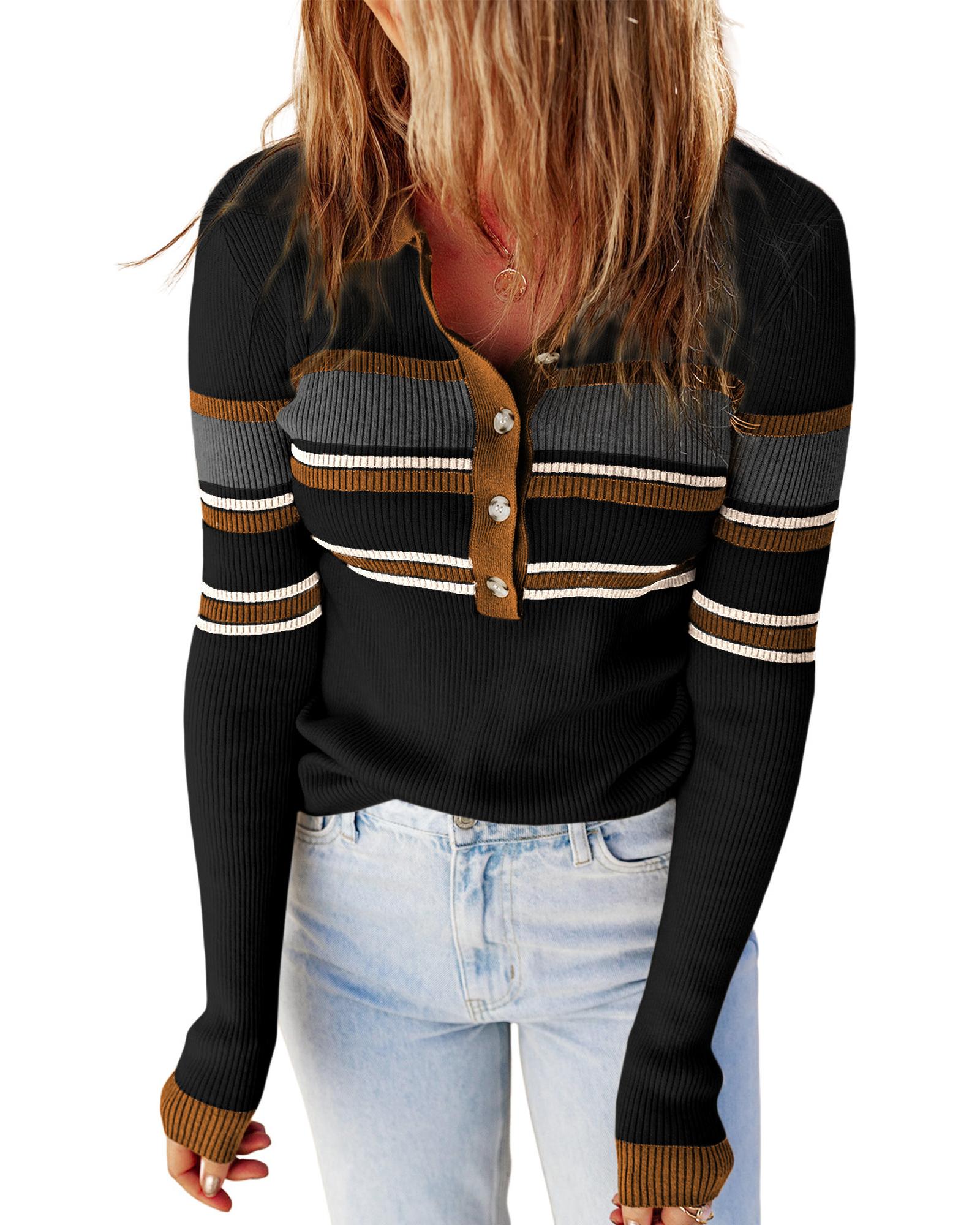 V539-AZEXDC2722953-2-2XL-202508281200-03 Black Rib Knitted Stripe Detail Henley Sweater - 2XL - Image 4
