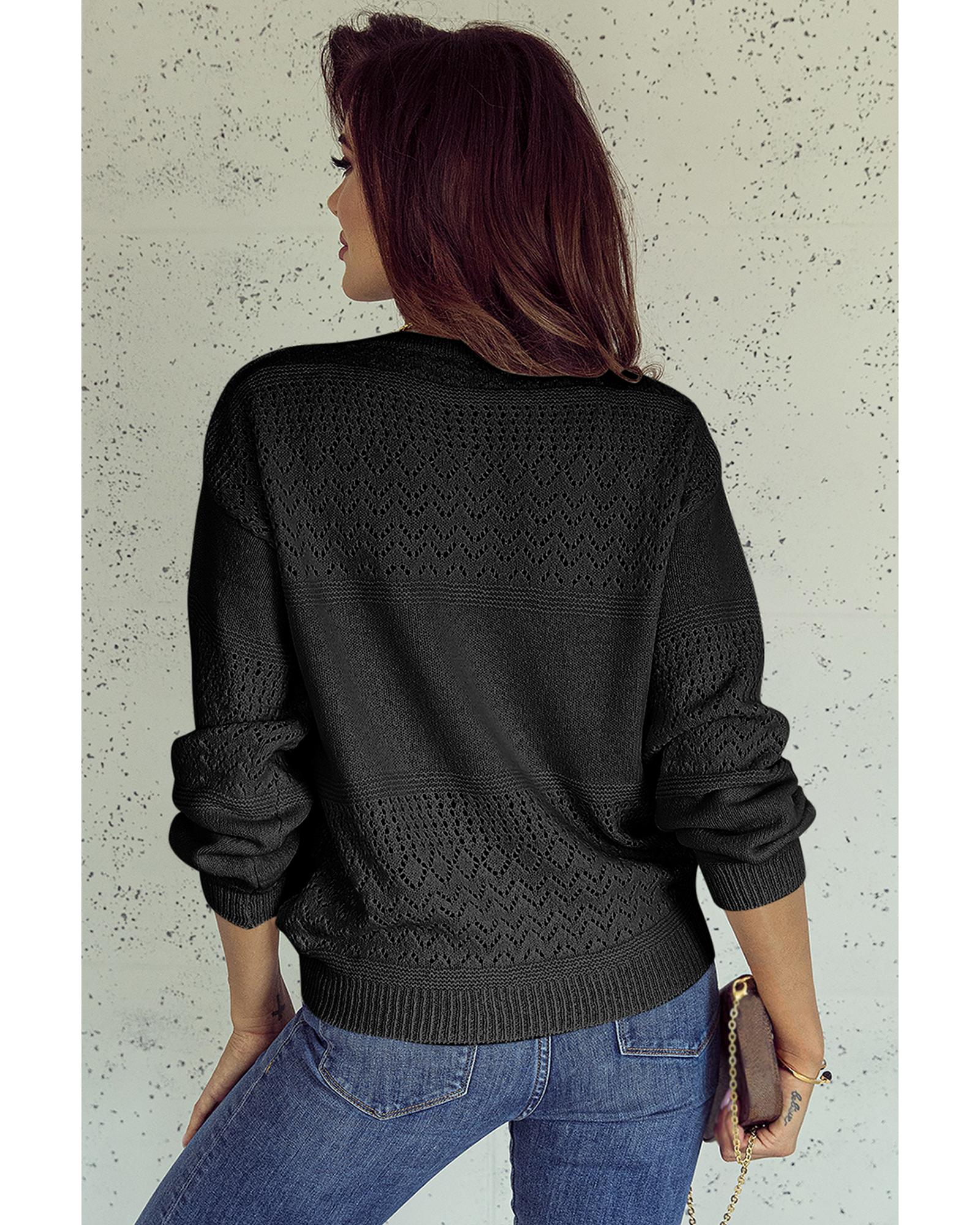V539-AZEXDC2723137-2-L-202508281230-01 Black Eyelet Pattern Detail V Neck Drop Shoulder Sweater - L - Image 2