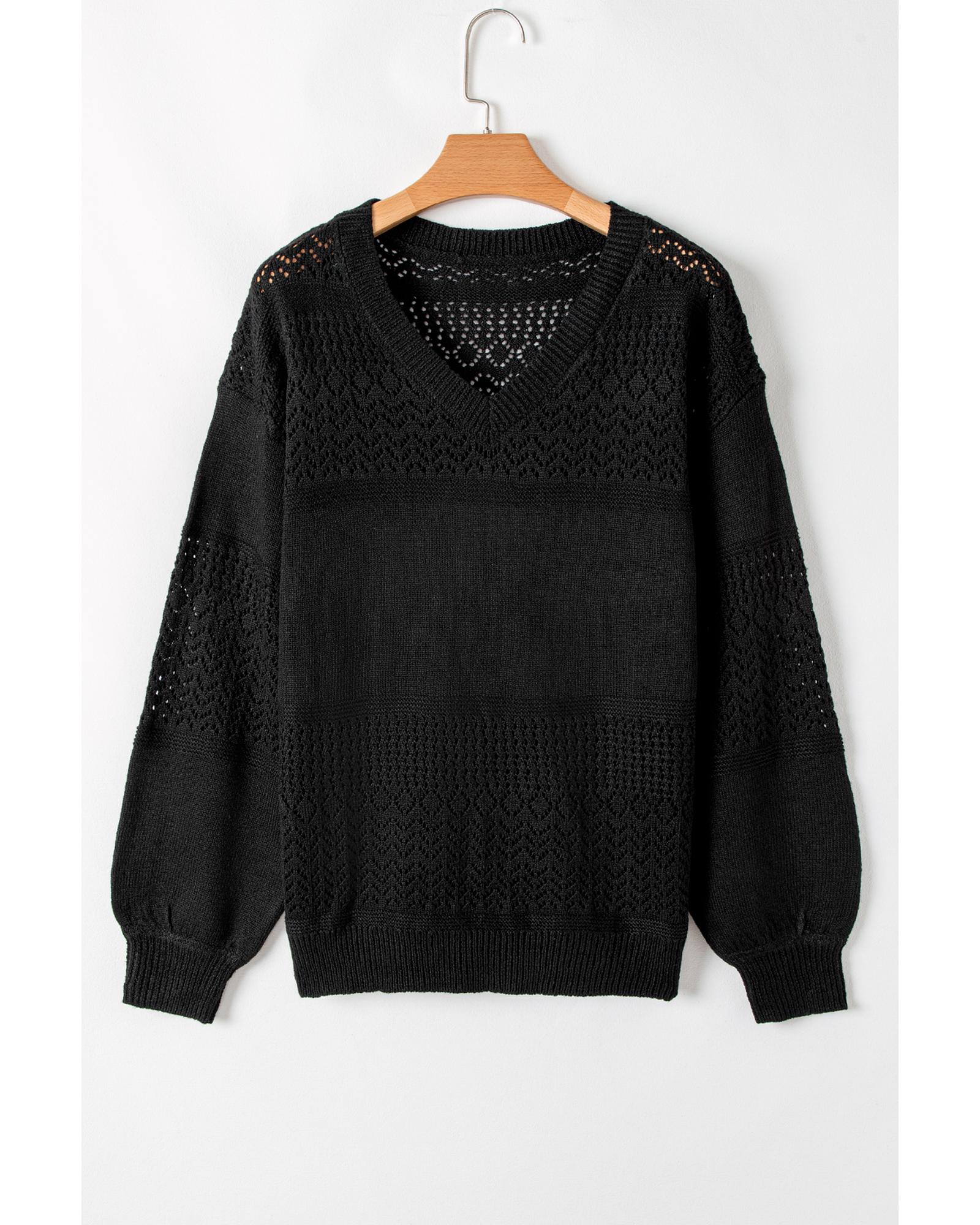 V539-AZEXDC2723137-2-L-202508281230-07 Black Eyelet Pattern Detail V Neck Drop Shoulder Sweater - L - Image 8