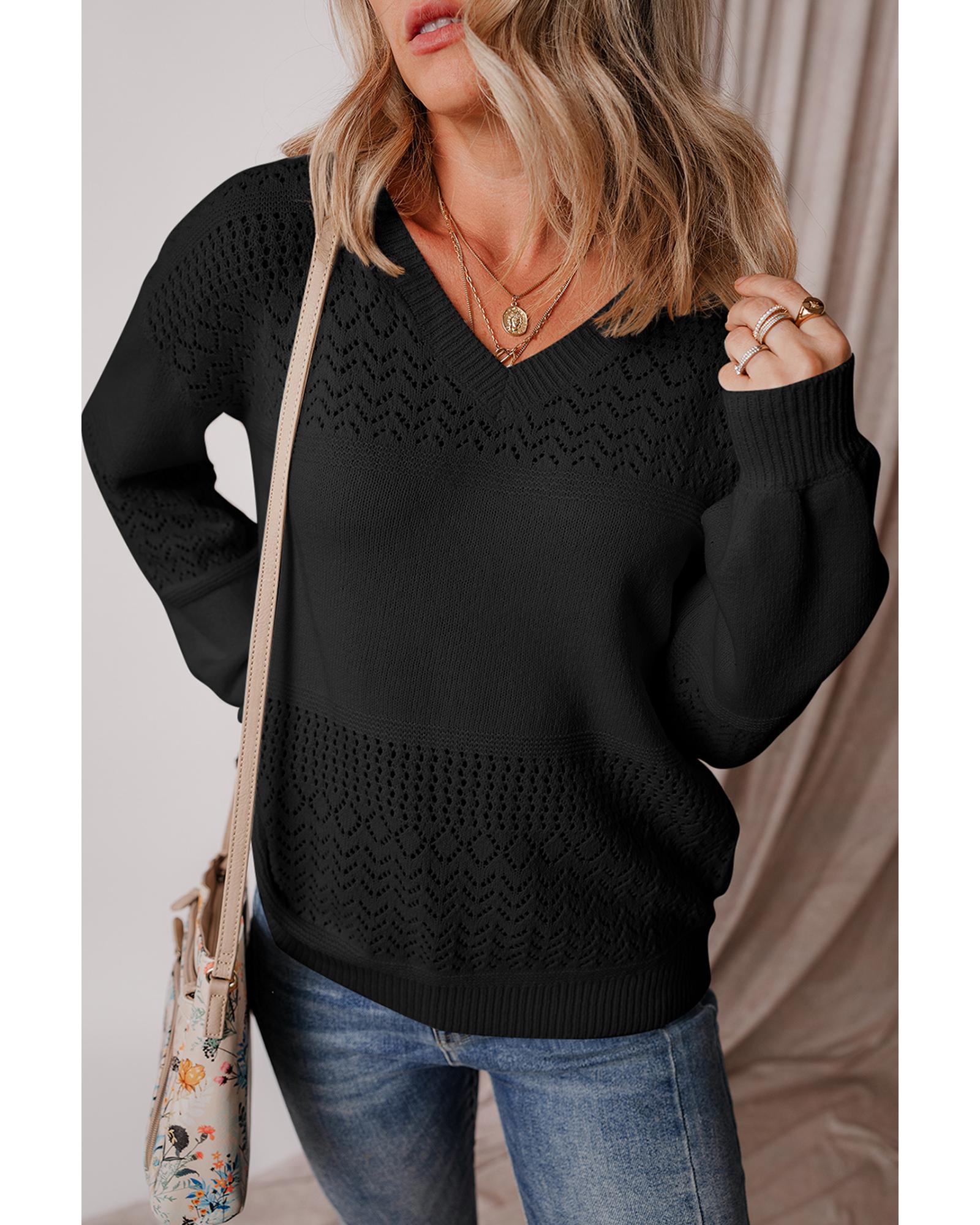 V539-AZEXDC2723137-2-M-202508281430-06 Black Eyelet Pattern Detail V Neck Drop Shoulder Sweater - M - Image 7