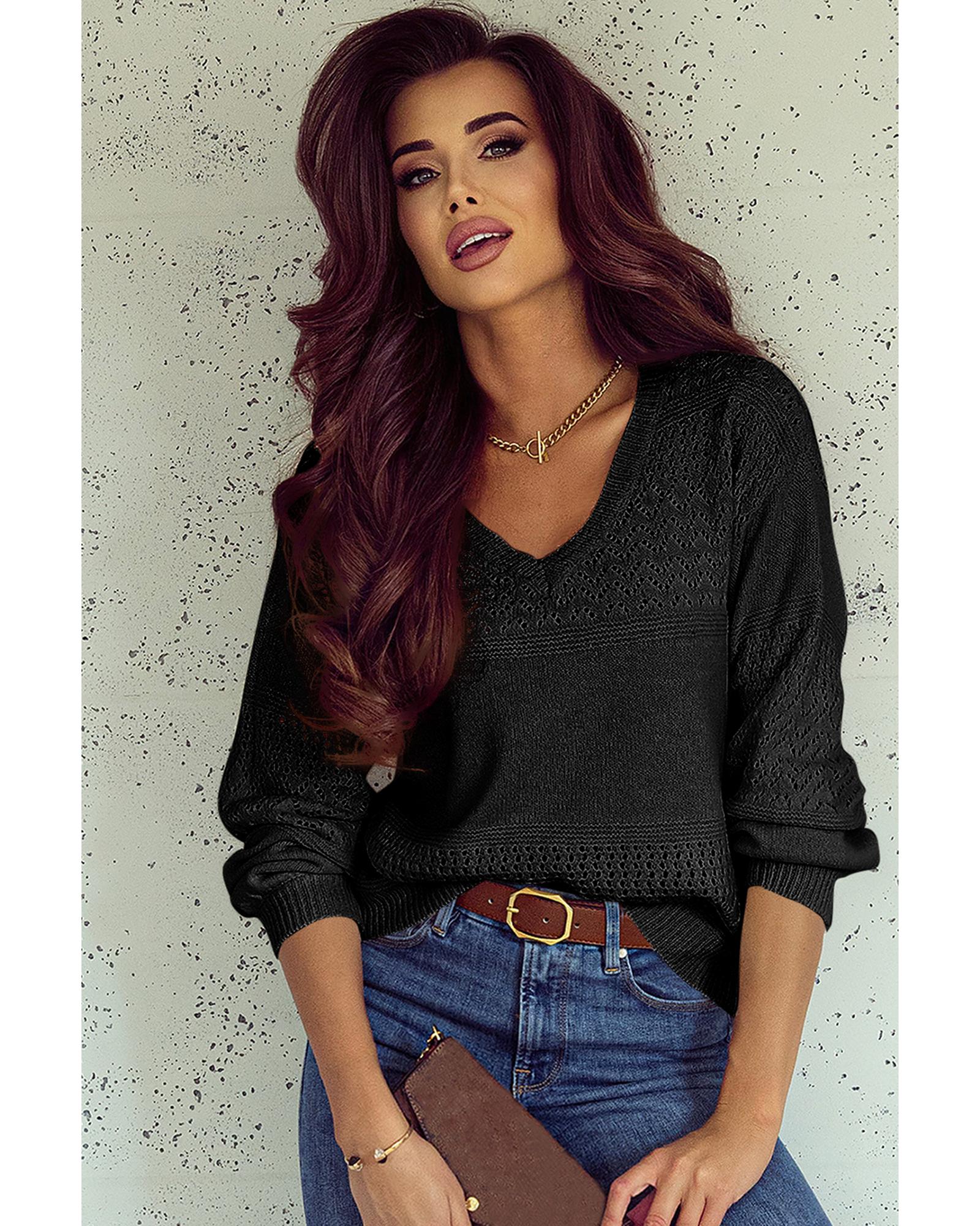 V539-AZEXDC2723137-2-XL-202508281715-02 Black Eyelet Pattern Detail V Neck Drop Shoulder Sweater - XL - Image 3