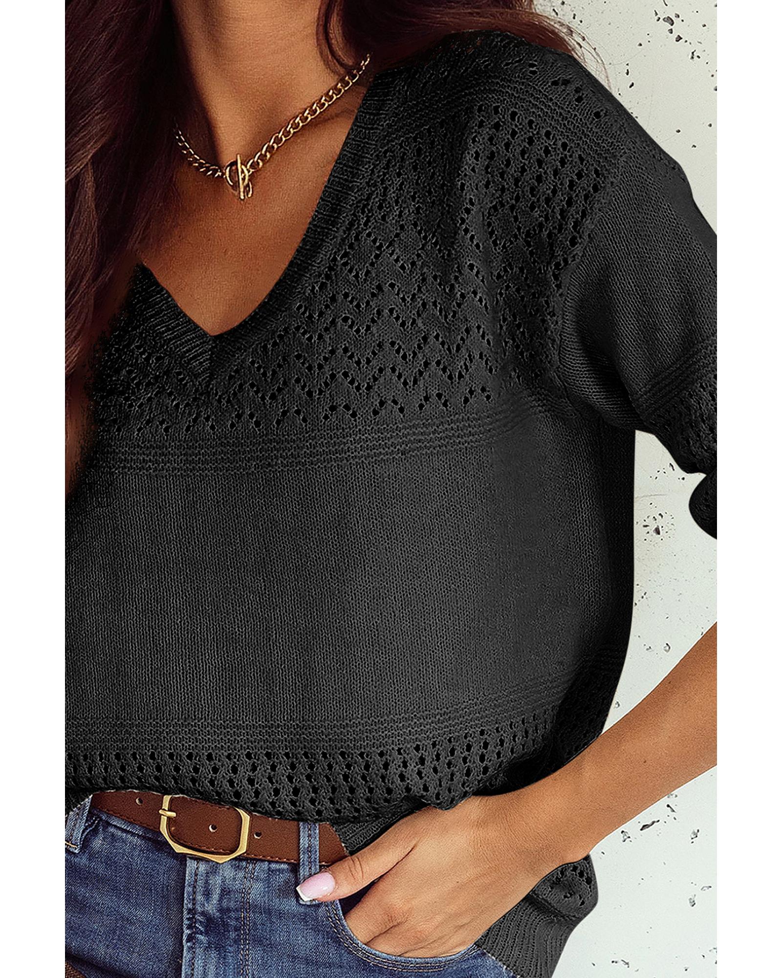 V539-AZEXDC2723137-2-XL-202508281715-04 Black Eyelet Pattern Detail V Neck Drop Shoulder Sweater - XL - Image 5