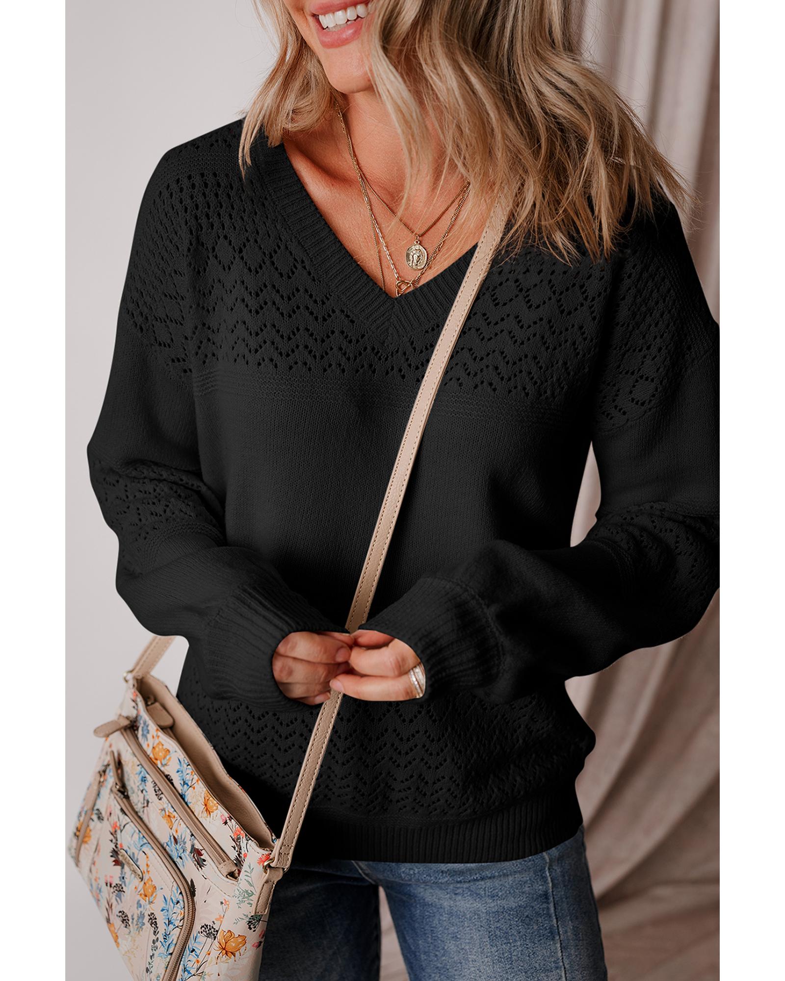 V539-AZEXDC2723137-2-XL-202508281715-05 Black Eyelet Pattern Detail V Neck Drop Shoulder Sweater - XL - Image 6