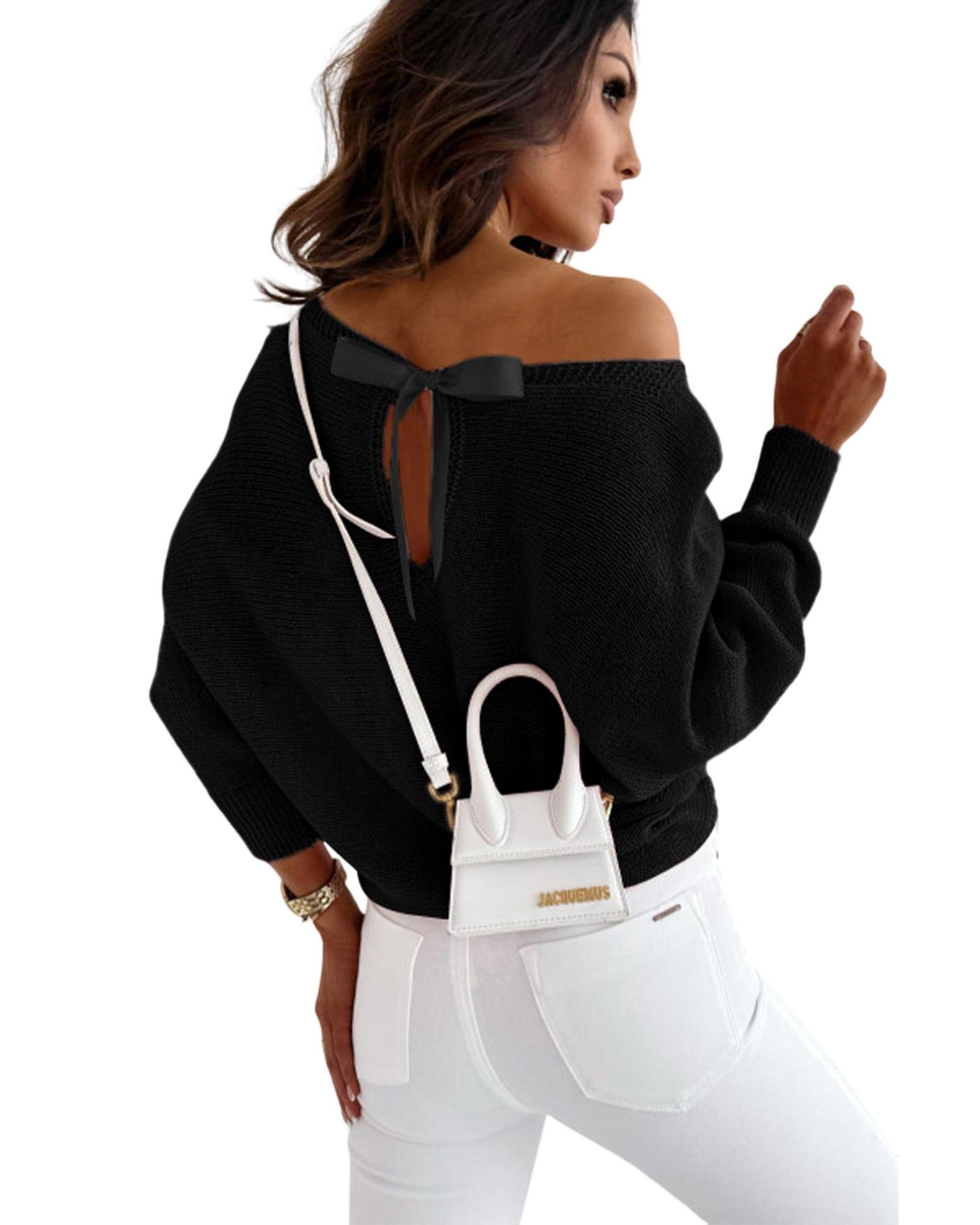 V539-AZEXDC2723147-P2-L-202508292335-03 Black Ribbon Bow Knot Dolman Sleeve Sweater - L - Image 4