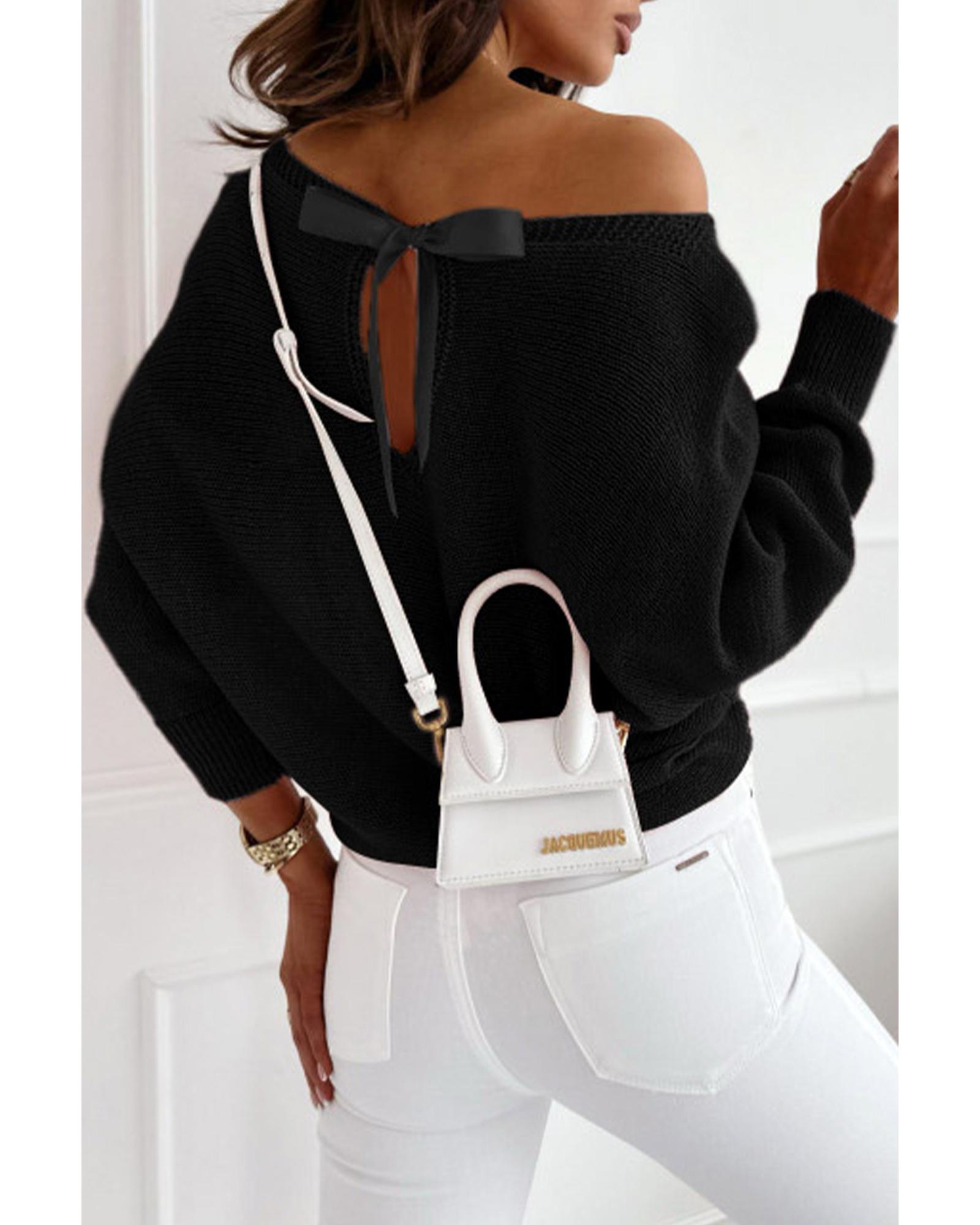 V539-AZEXDC2723147-P2-L-202508292335-04 Black Ribbon Bow Knot Dolman Sleeve Sweater - L - Image 5