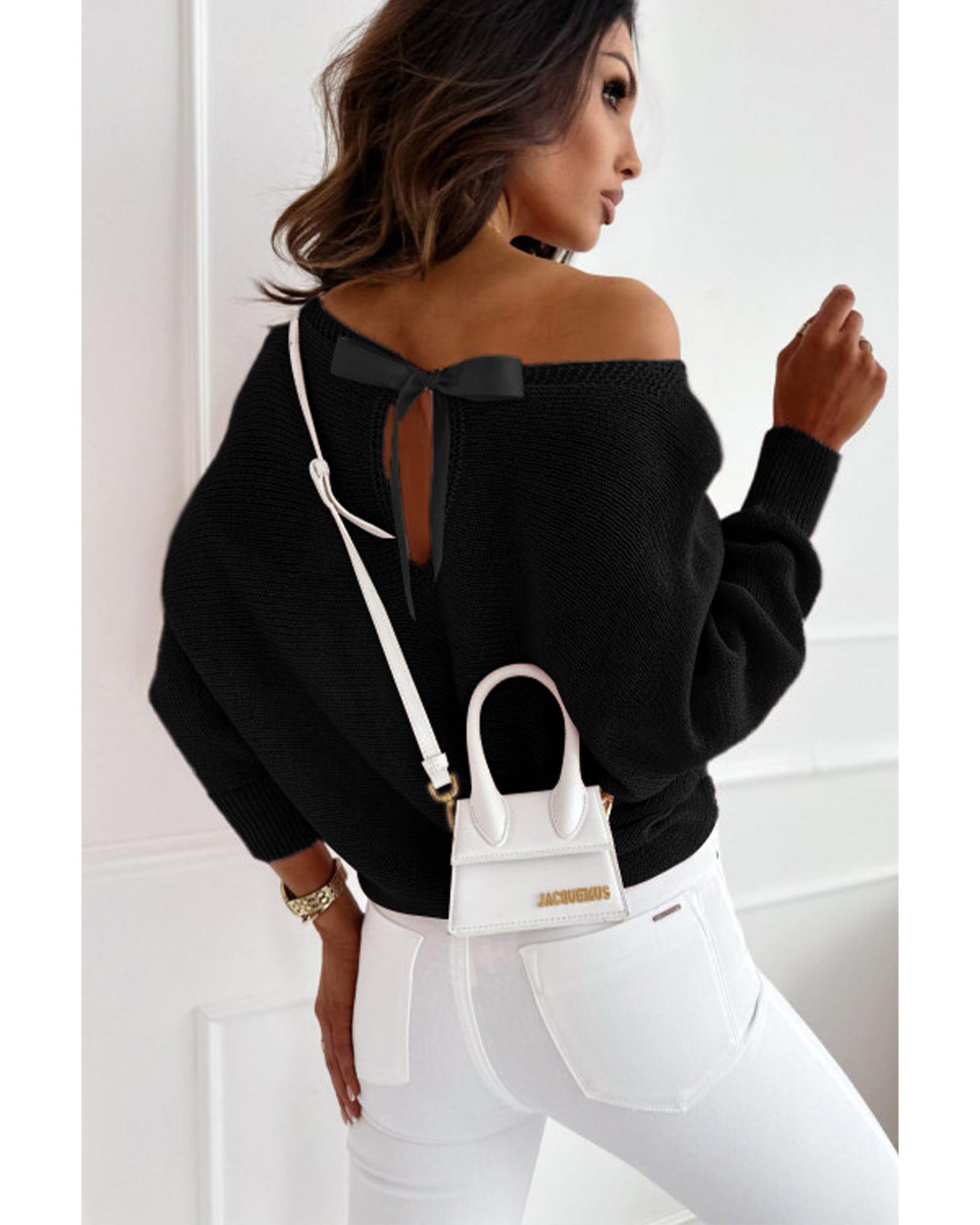 V539-AZEXDC2723147-P2-XL-202508300005-01 Black Ribbon Bow Knot Dolman Sleeve Sweater - XL - Image 2