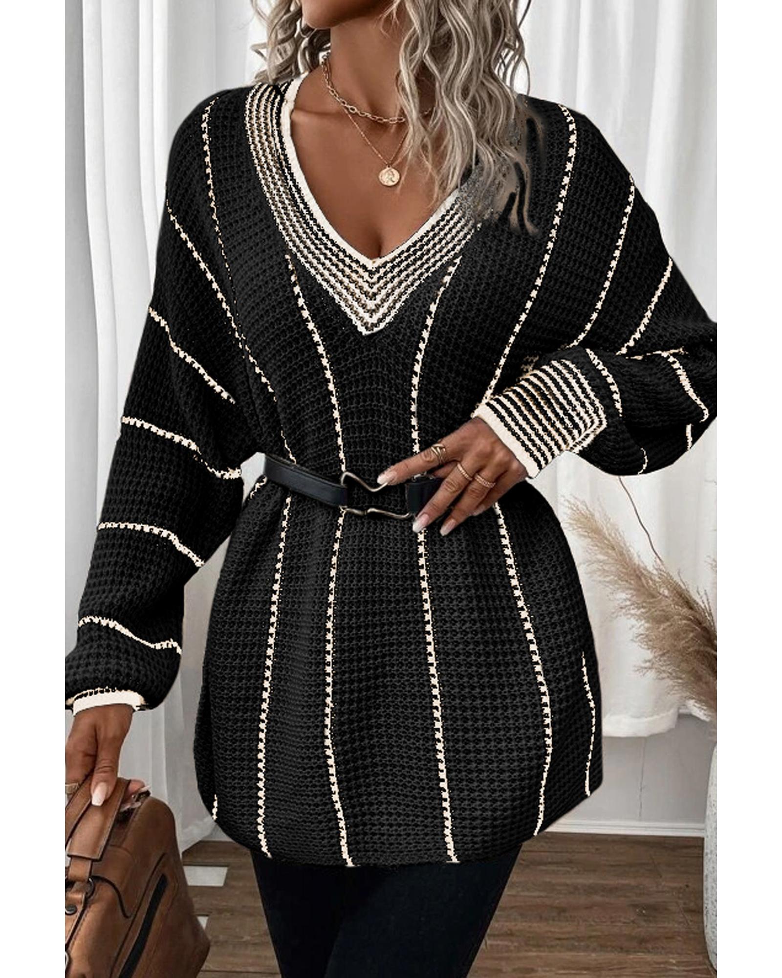 V539-AZEXDC2723152-2-L-202508280340-02 Black Colorblock Striped V Neck Knitted Loose Sweater - L - Image 3