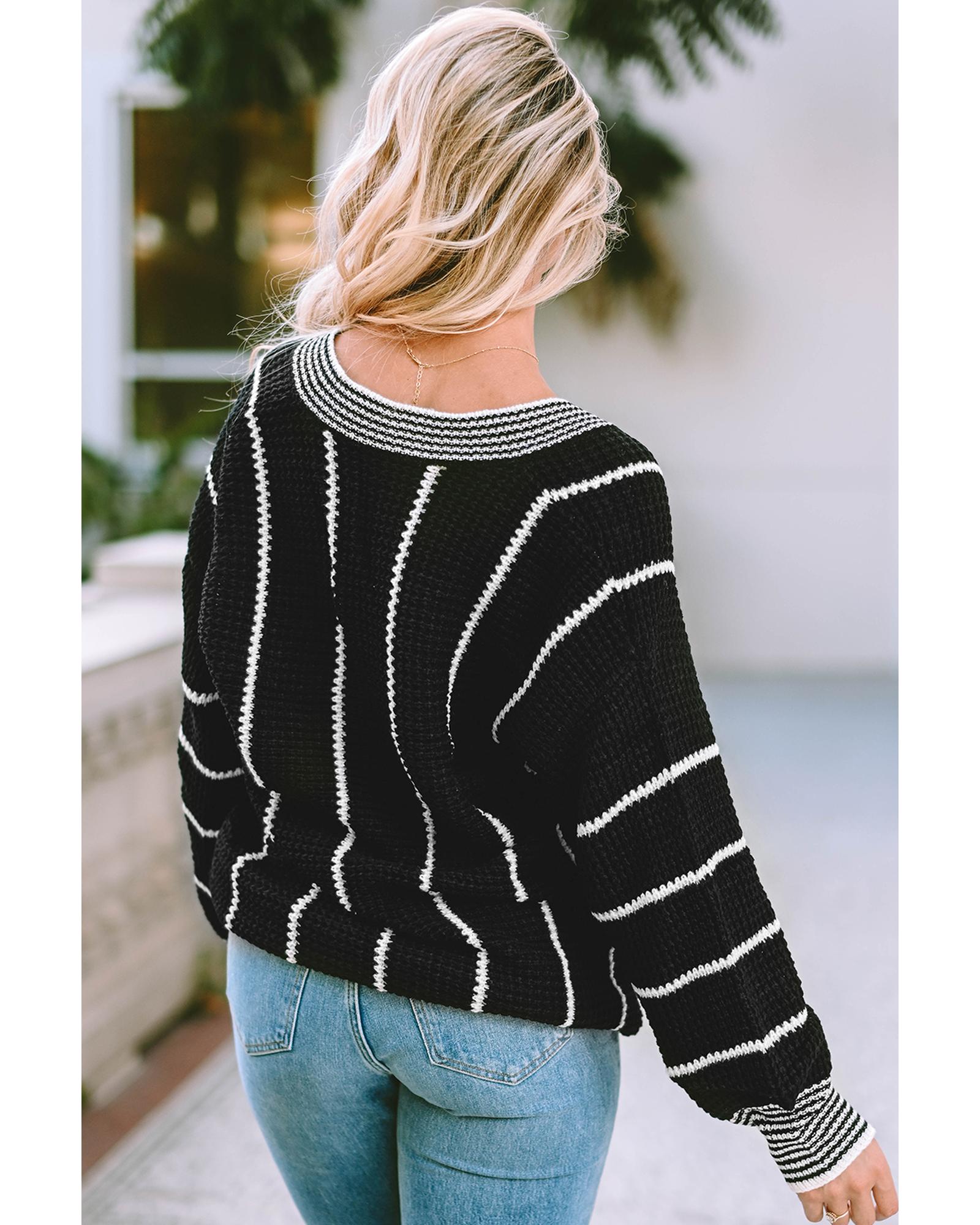 V539-AZEXDC2723152-2-L-202508280340-05 Black Colorblock Striped V Neck Knitted Loose Sweater - L - Image 6