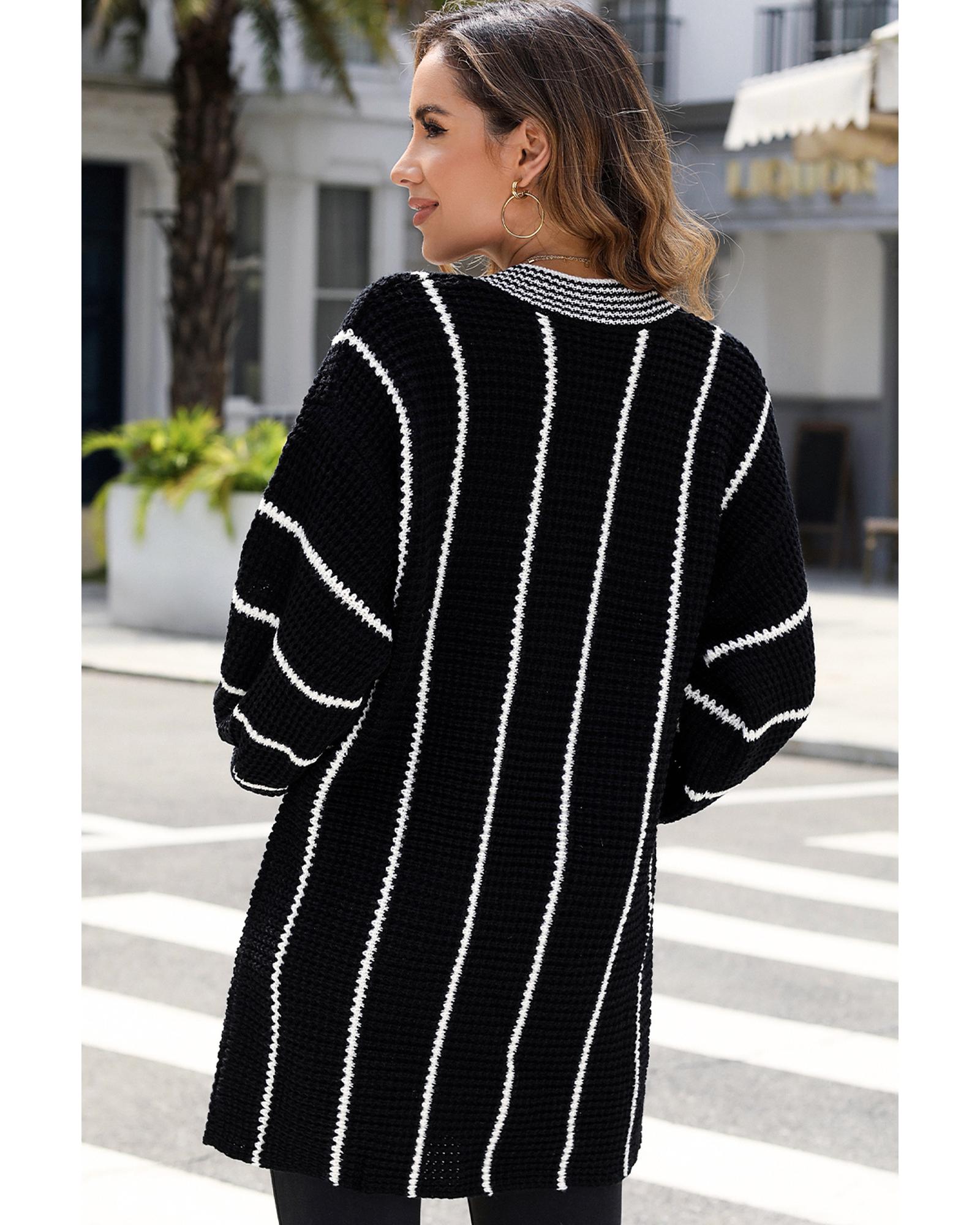 V539-AZEXDC2723152-2-S-202506132146-01 Black Colorblock Striped V Neck Knitted Loose Sweater - S - Image 2