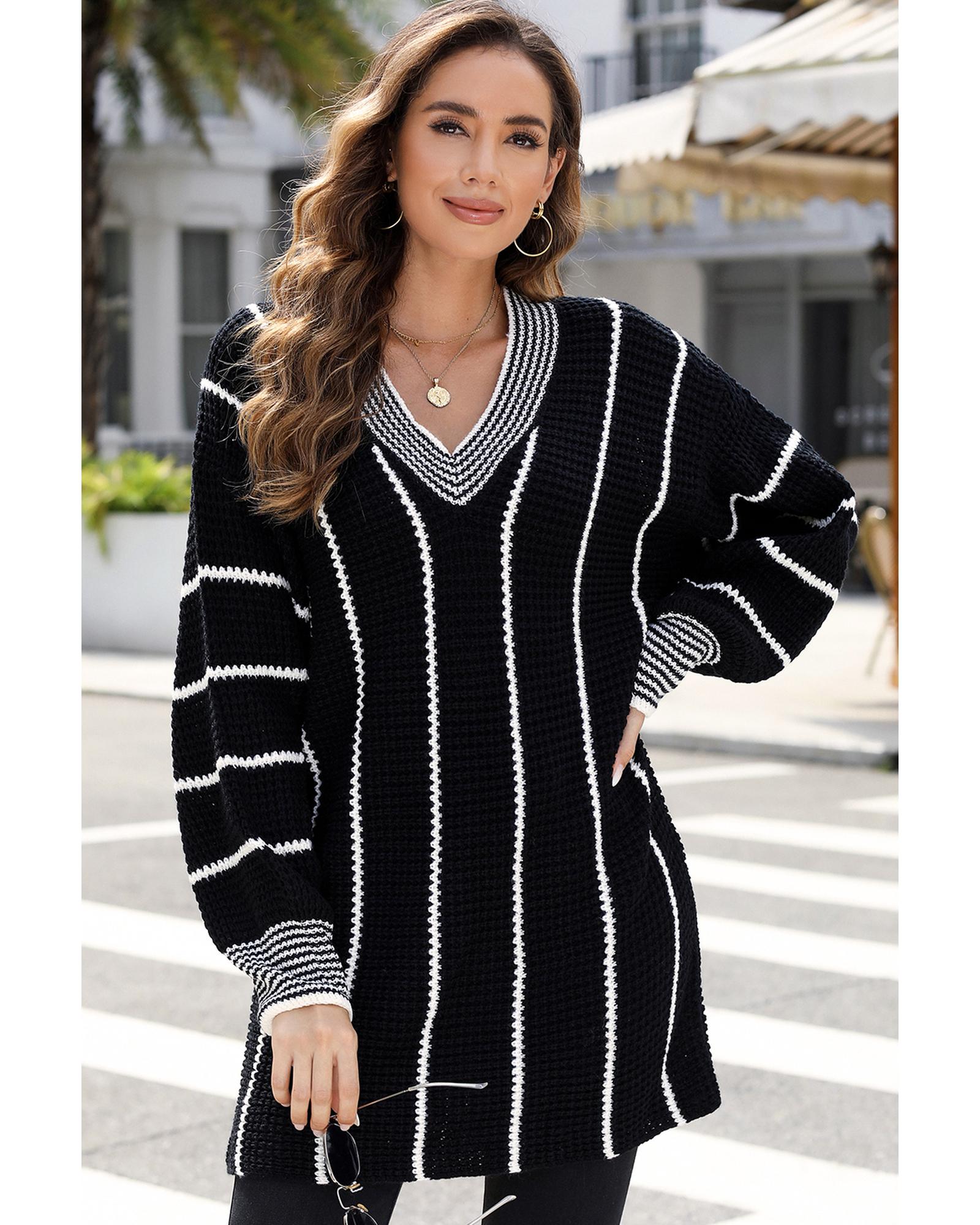 V539-AZEXDC2723152-2-S-202506132146-04 Black Colorblock Striped V Neck Knitted Loose Sweater - S - Image 5
