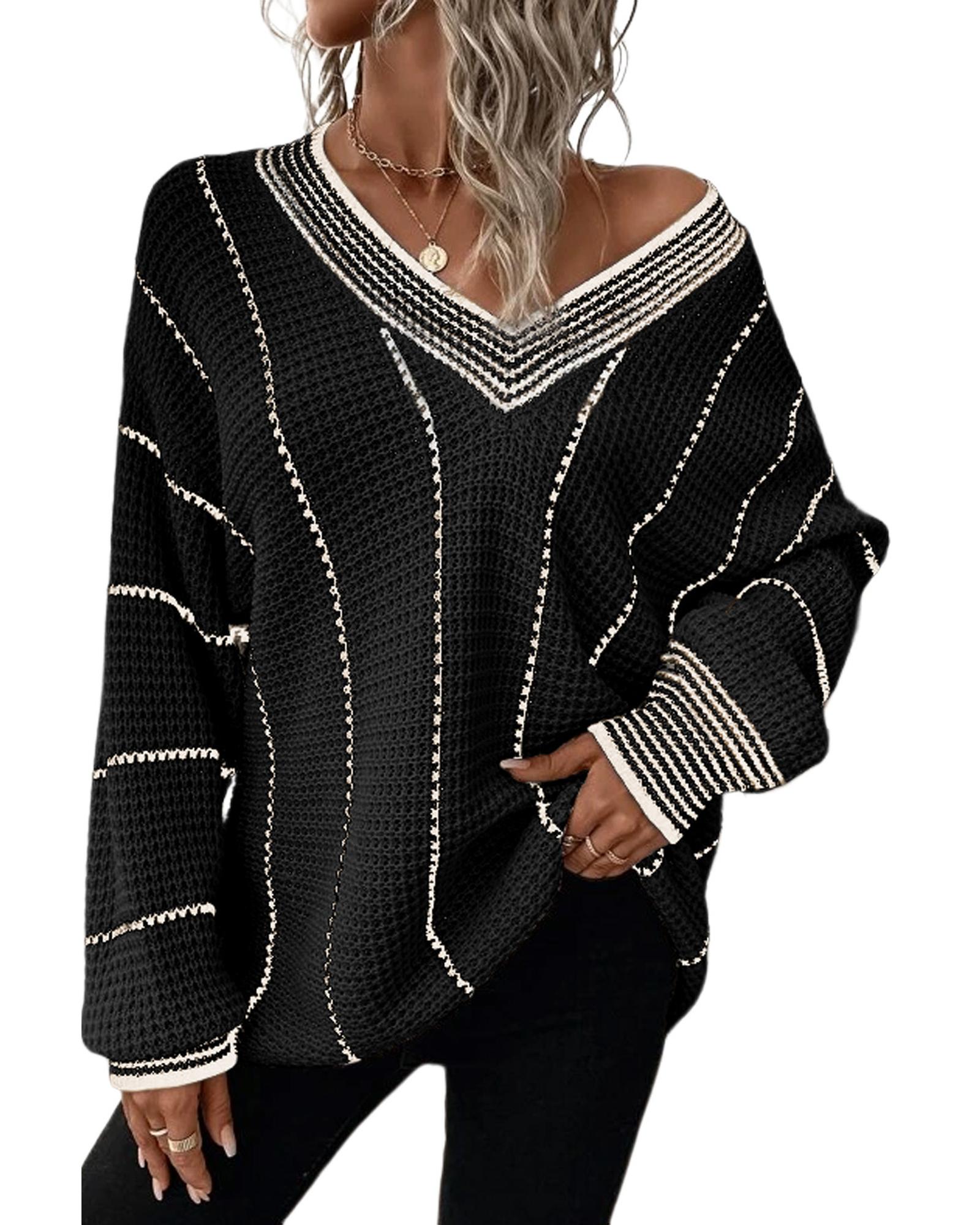 V539-AZEXDC2723152-2-S-202506132146-06 Black Colorblock Striped V Neck Knitted Loose Sweater - S - Image 7