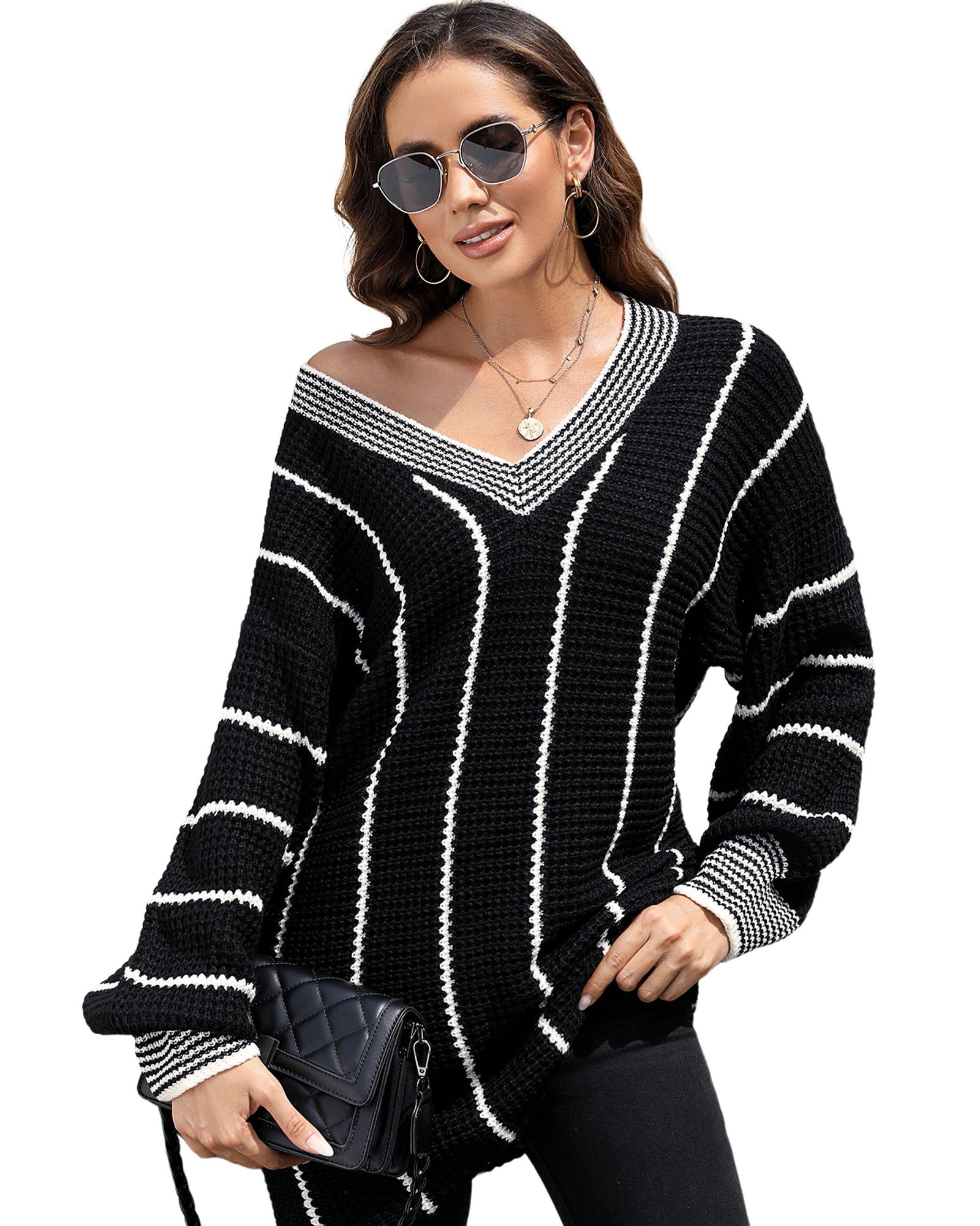 V539-AZEXDC2723152-2-XL-202508280825-03 Black Colorblock Striped V Neck Knitted Loose Sweater - XL - Image 4