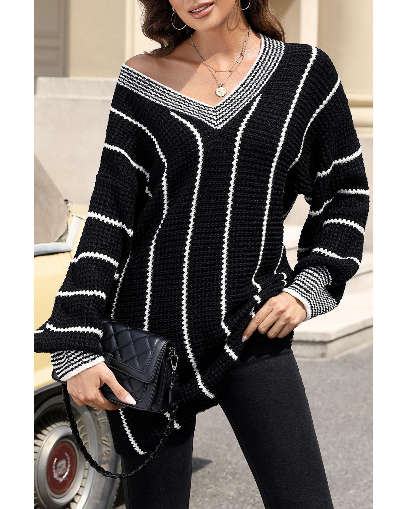 V539-AZEXDC2723152-2-XL-202508280825-07 Black Colorblock Striped V Neck Knitted Loose Sweater - XL - Image 8