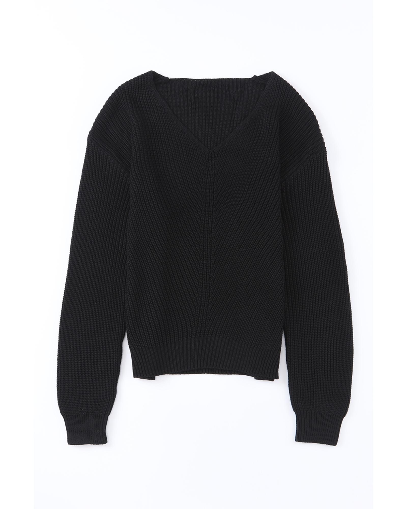 V539-AZEXDC2723165-2-L-202508291305-03 Black Ribbed Knit V Neck Sweater - L - Image 4