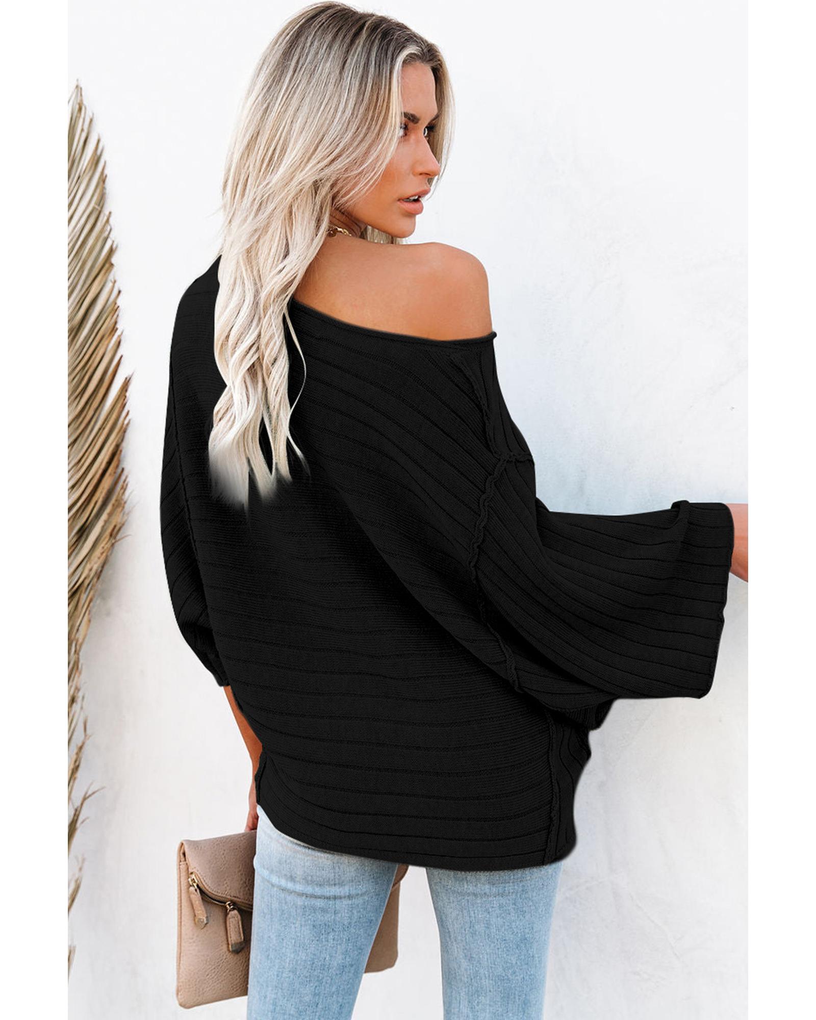 V539-AZEXDC2723218-2-M-202508281020-01 Black Exposed Seam Ribbed Knit Dolman Top - M - Image 2